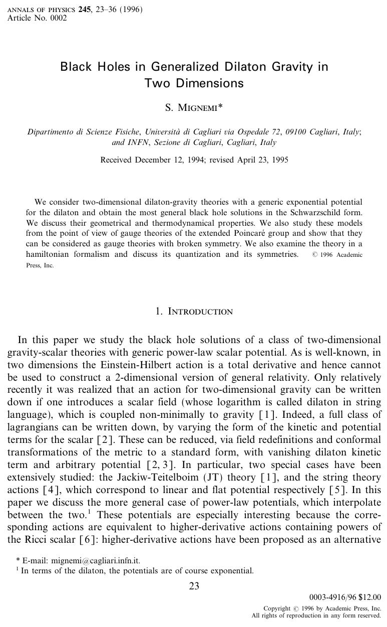 Black Holes in Generalized Dilaton Gravity in Two Dimensions by S. Mignemi