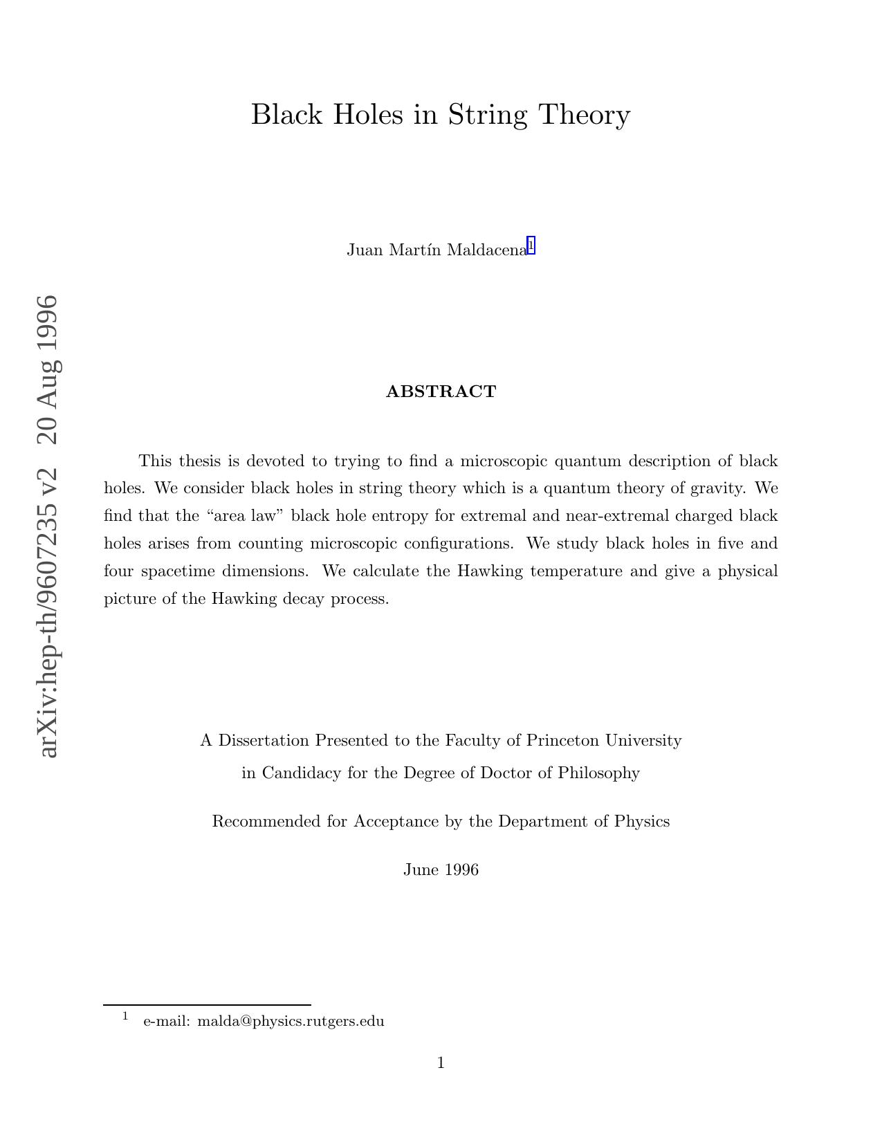 Black Holes in String Theory [thesis] by J. Maldacena