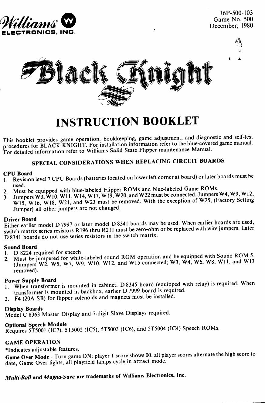 Black Knight Operators Manual by Williams Electronics Inc