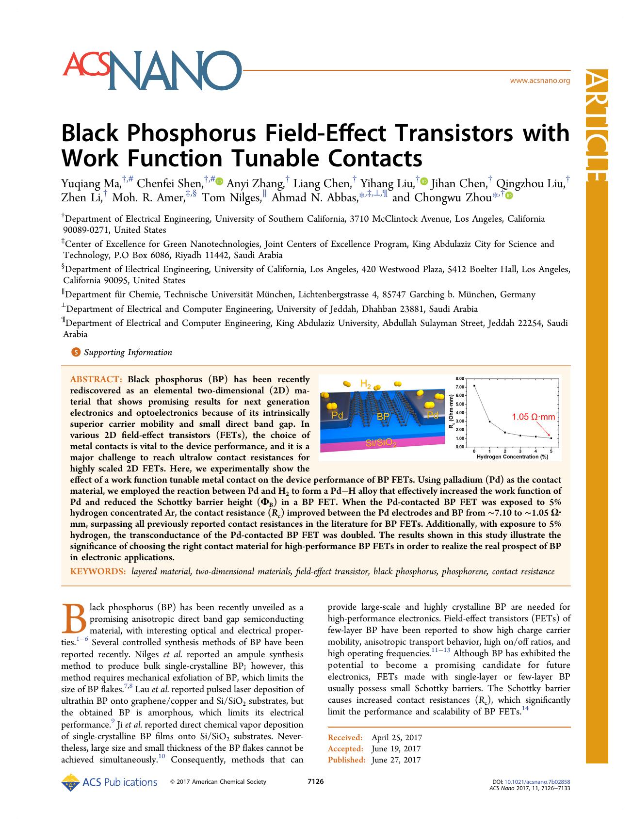 Black Phosphorus Field-Effect Transistors with Work Function Tunable Contacts by unknow