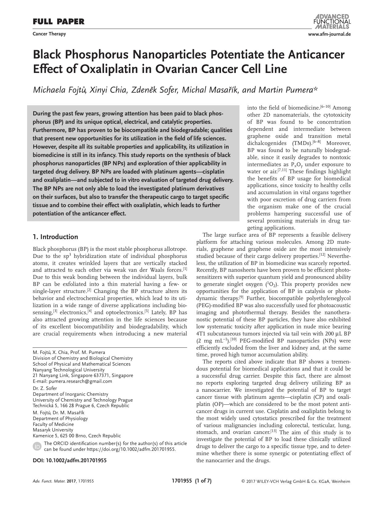 Black Phosphorus Nanoparticles Potentiate the Anticancer Effect of Oxaliplatin in Ovarian Cancer Cell Line by Unknown