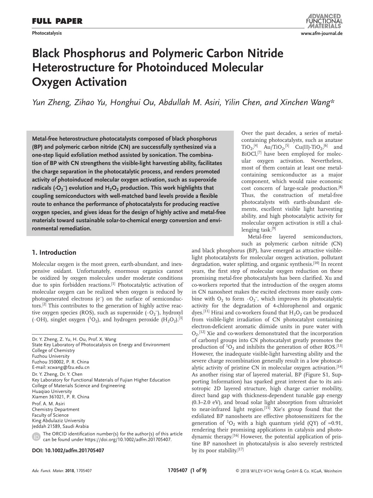 Black Phosphorus and Polymeric Carbon Nitride Heterostructure for Photoinduced Molecular Oxygen Activation by Unknown