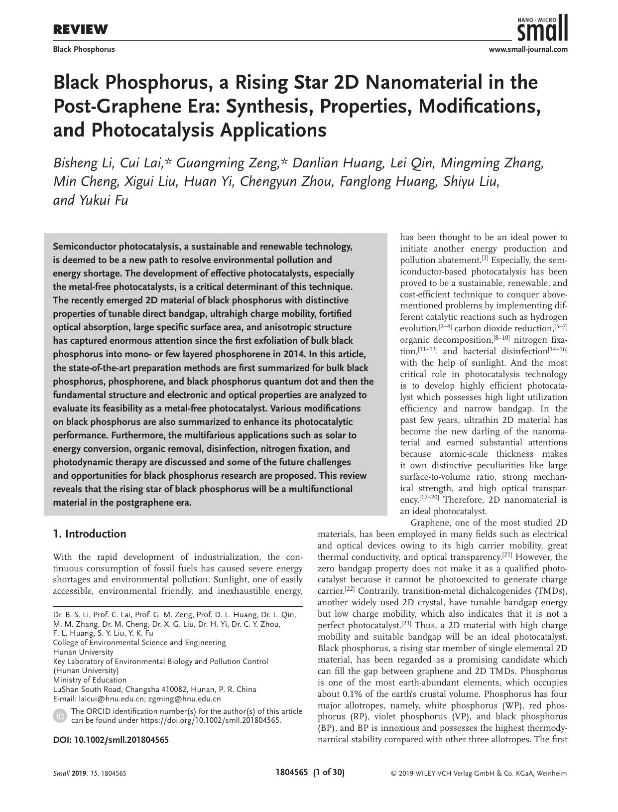 Black Phosphorus, a Rising Star 2D Nanomaterial in the Post‐Graphene Era: Synthesis, Properties, Modifications, and Photocatalysis Applications by Unknown