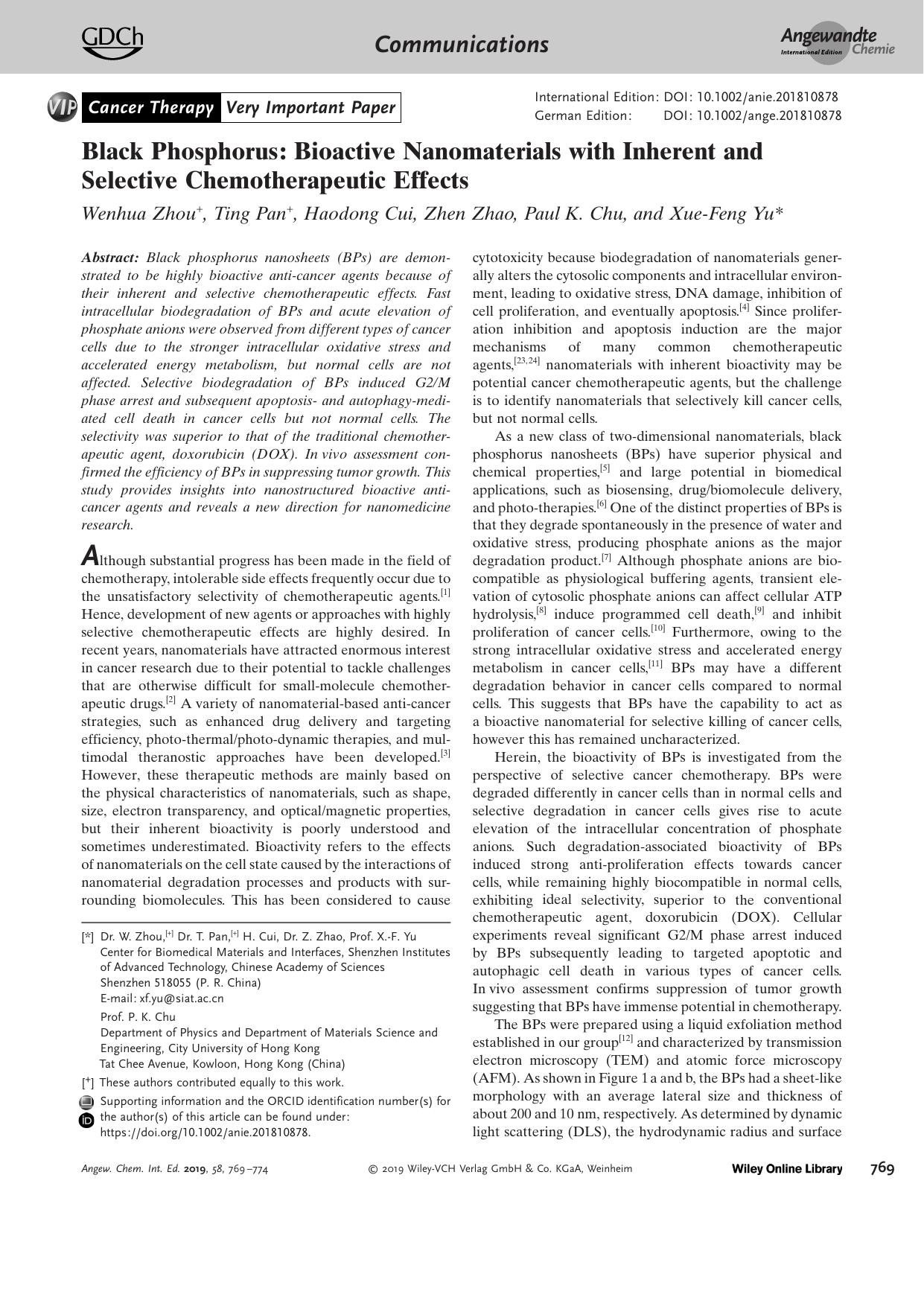 Black Phosphorus: Bioactive Nanomaterials with Inherent and Selective Chemotherapeutic Effects by Unknown
