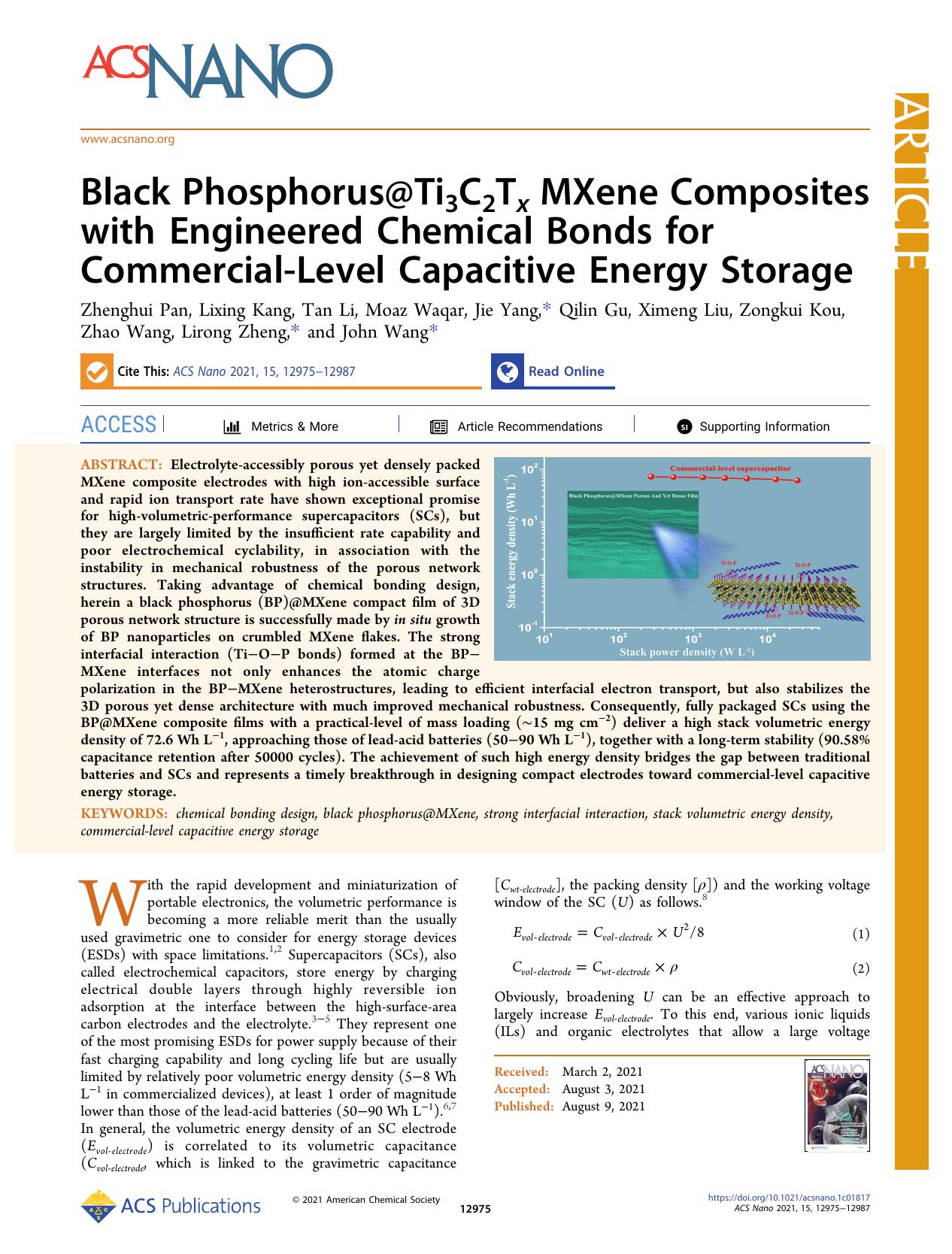 Black Phosphorus@Ti3C2Tx MXene Composites with Engineered Chemical Bonds for Commercial-Level Capacitive Energy Storage by unknow