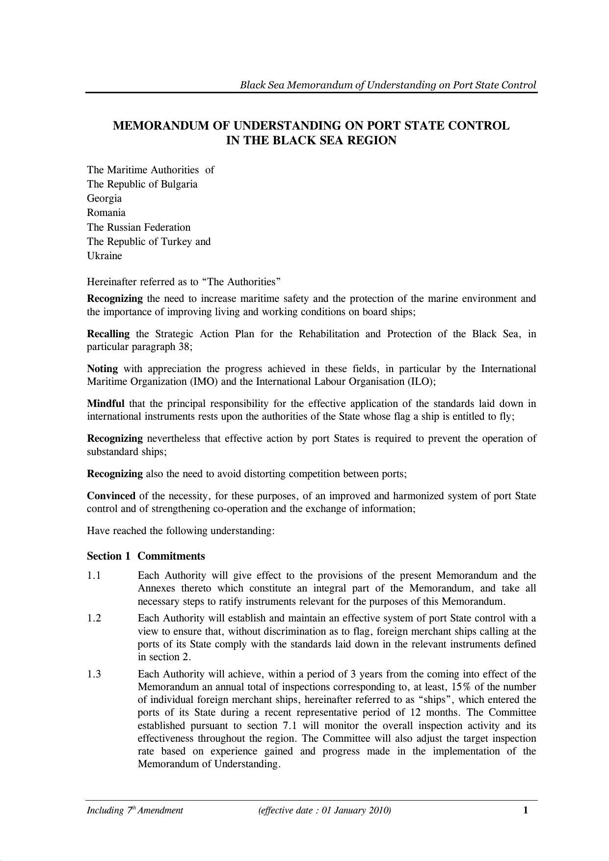 Black Sea MoU - Text of the MoU (Including 7th Amendment) by Redistributed by Regs4ships Ltd