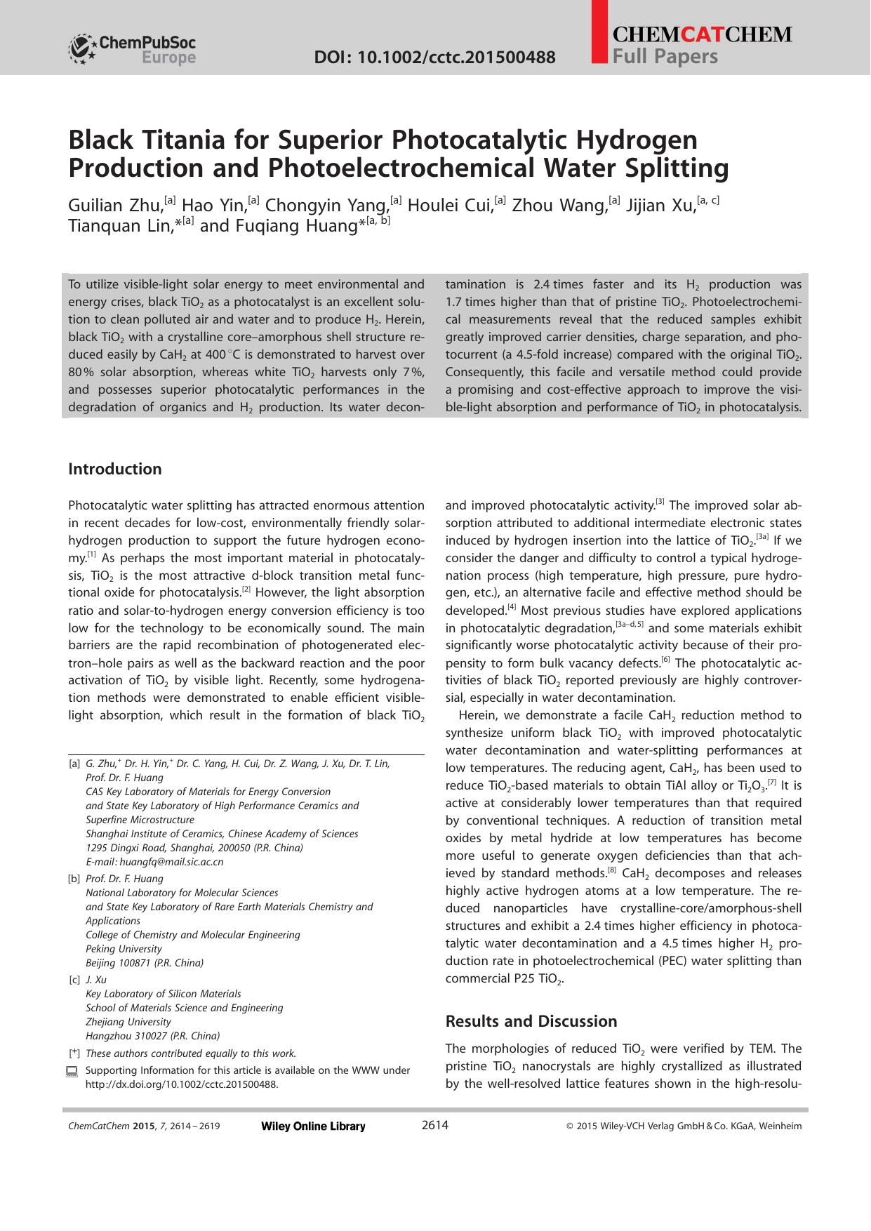 Black Titania for Superior Photocatalytic Hydrogen Production and Photoelectrochemical Water Splitting by Unknown