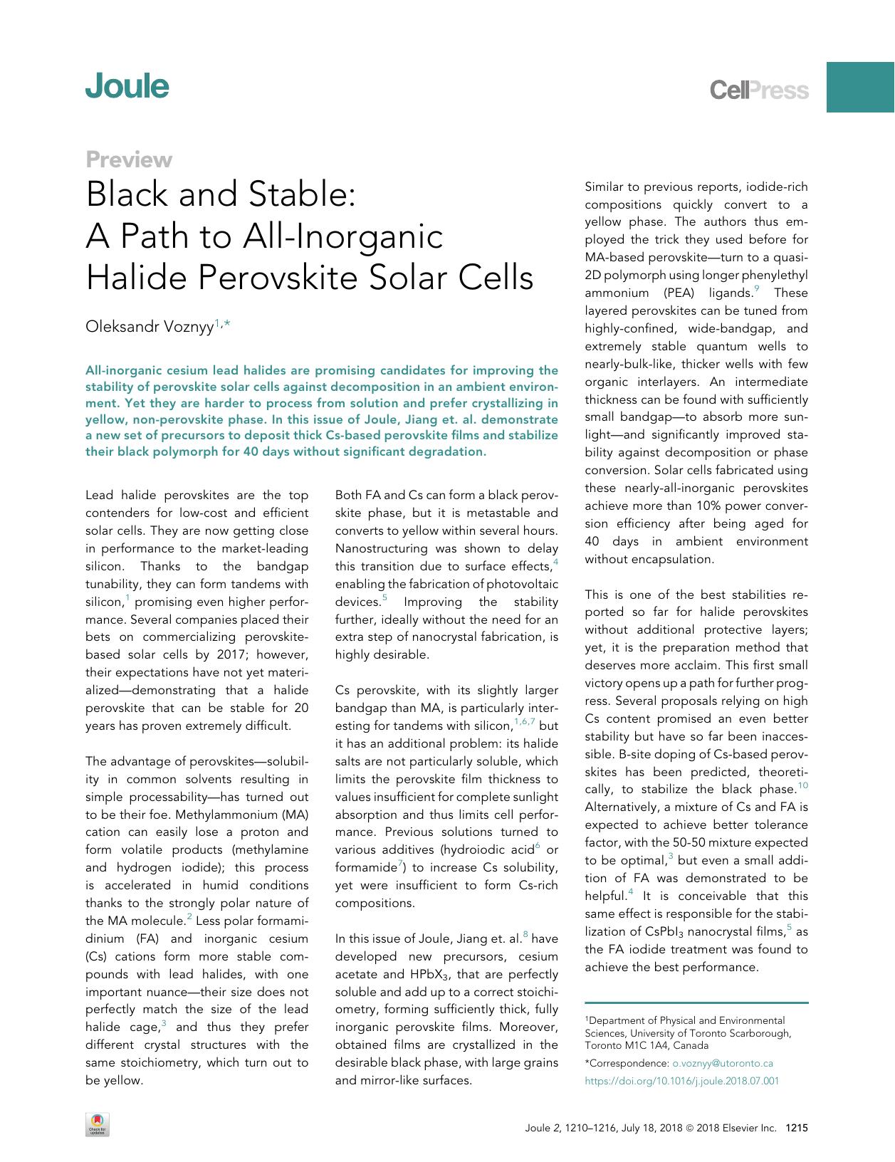 Black and Stable: A Path to All-Inorganic Halide Perovskite Solar Cells by Oleksandr Voznyy