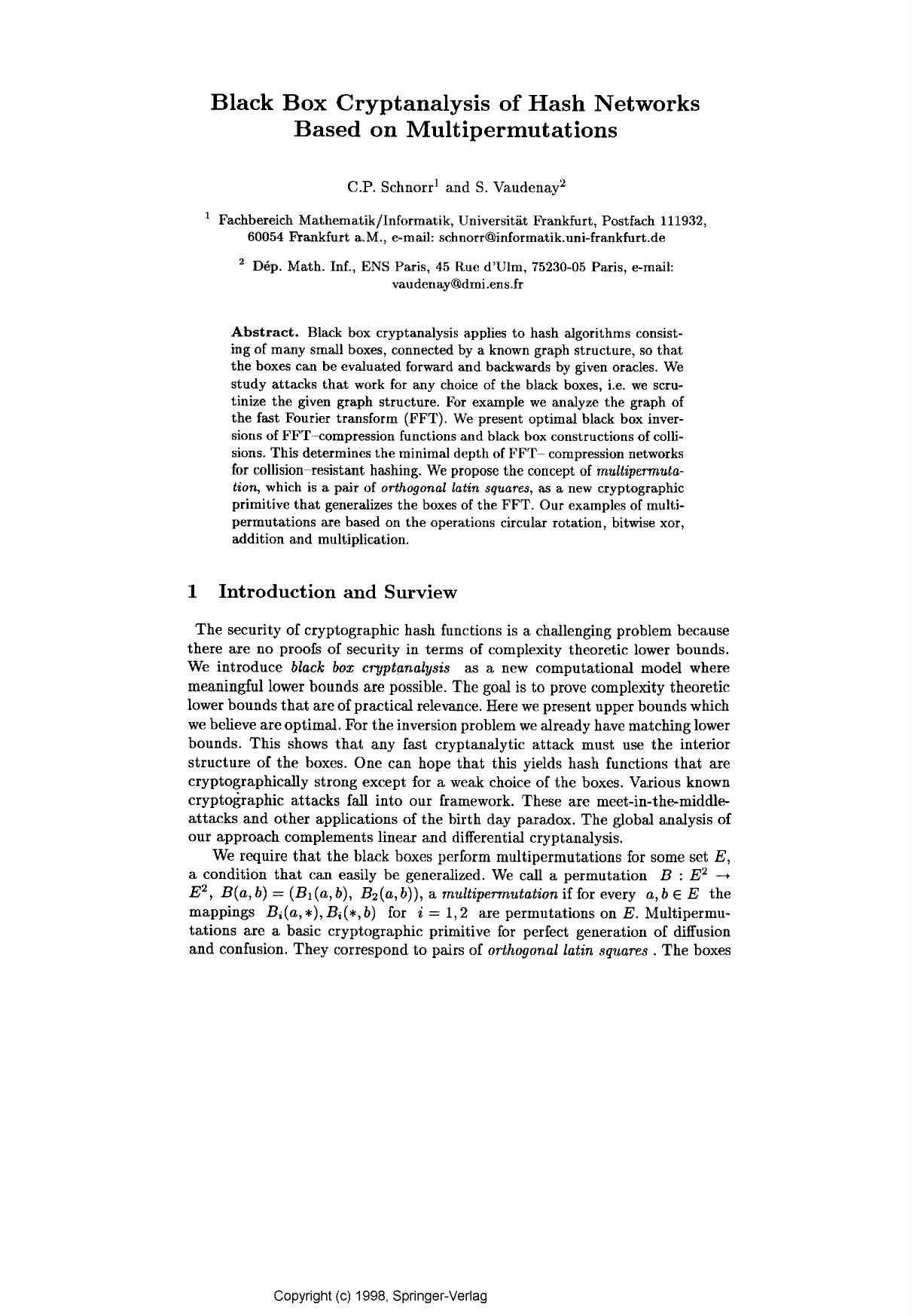 Black box cryptanalysis of hash networks based on multipermutations by Schnorr C. P. & Vaudenay S