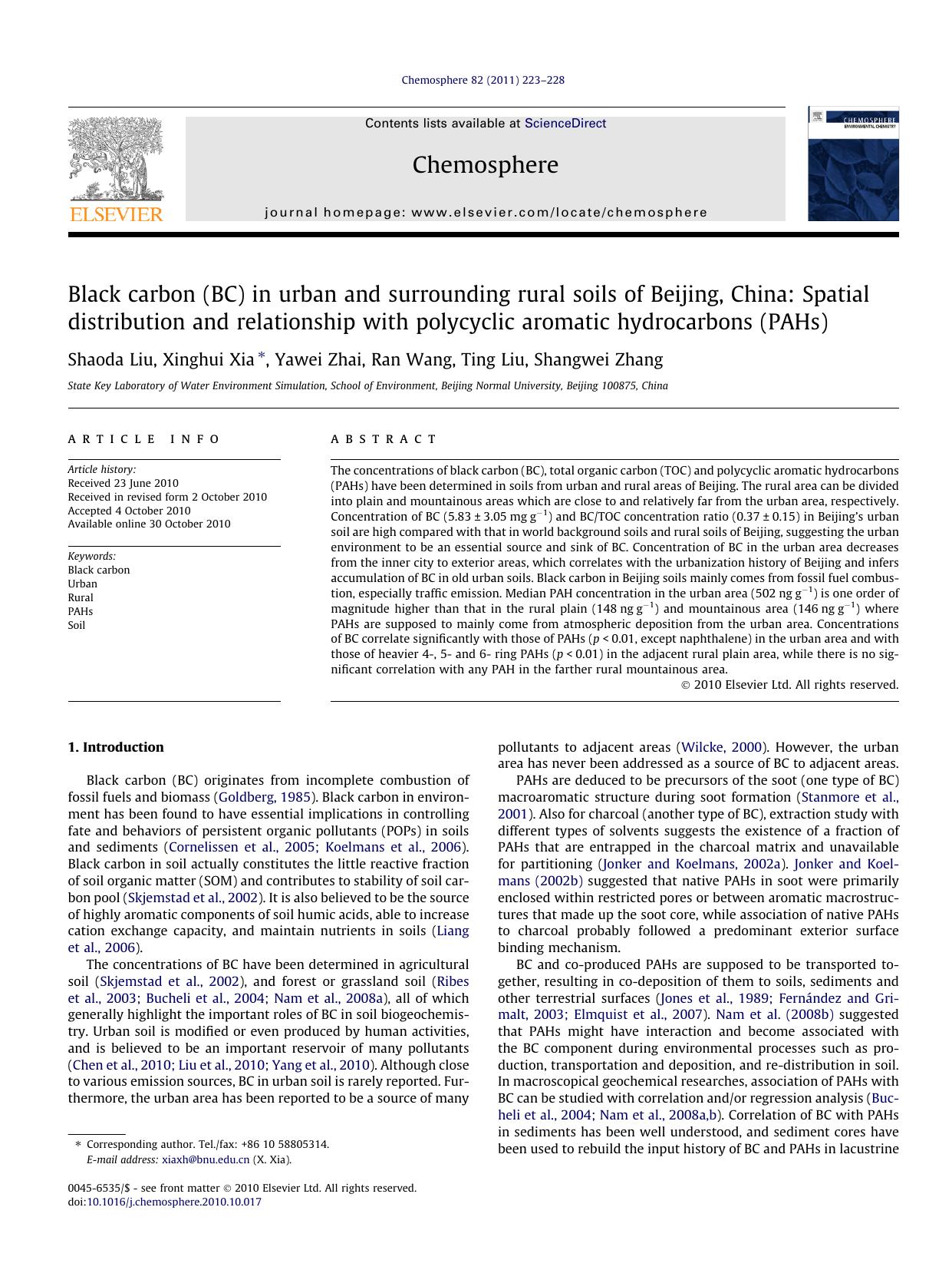 Black carbon (BC) in urban and surrounding rural soils of Beijing, China: Spatial distribution and relationship with polycyclic aromatic hydrocarbons (PAHs) by Shaoda Liu & Xinghui Xia & Yawei Zhai & Ran Wang & Ting Liu & Shangwei Zhang