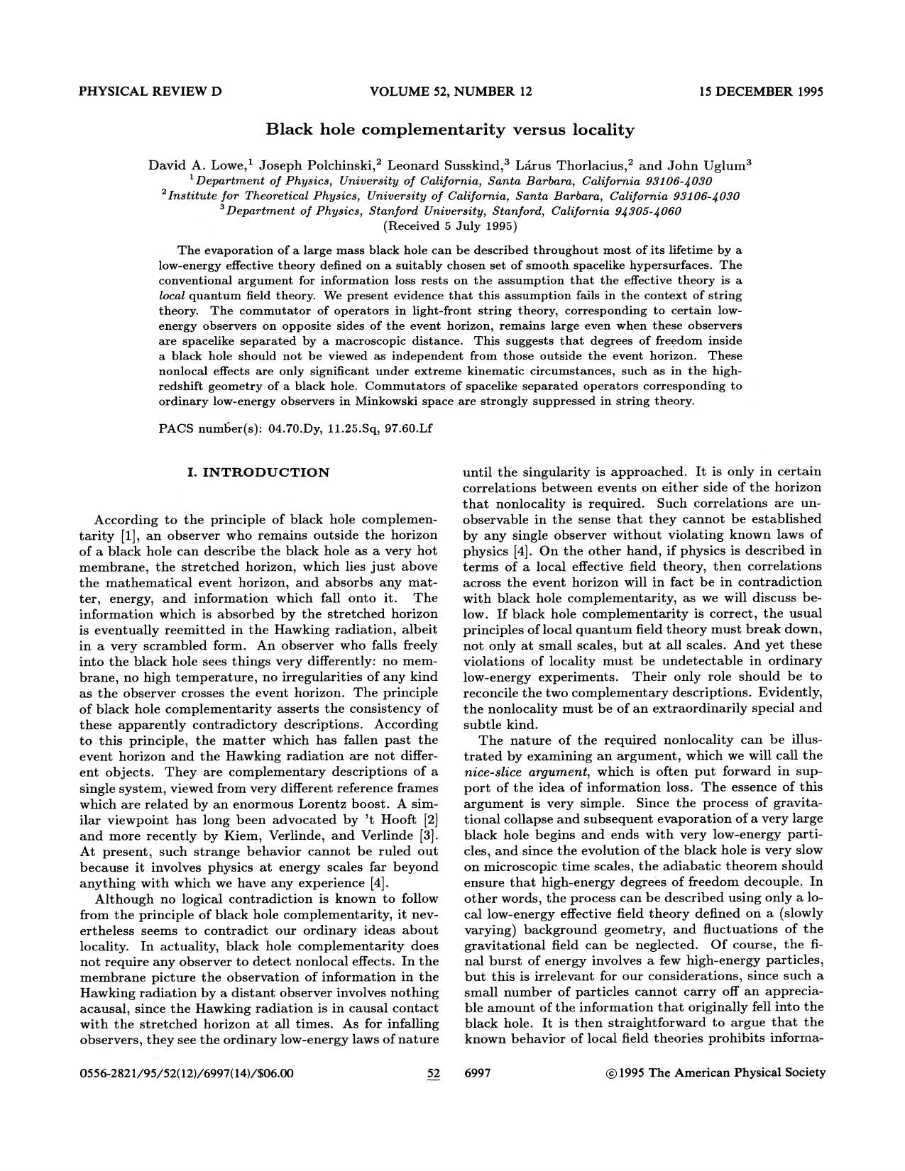 Black hole complementarity versus locality by David A. Lowe Joseph Polchinski Leonard Susskind Larus Thorlacius & John Uglum