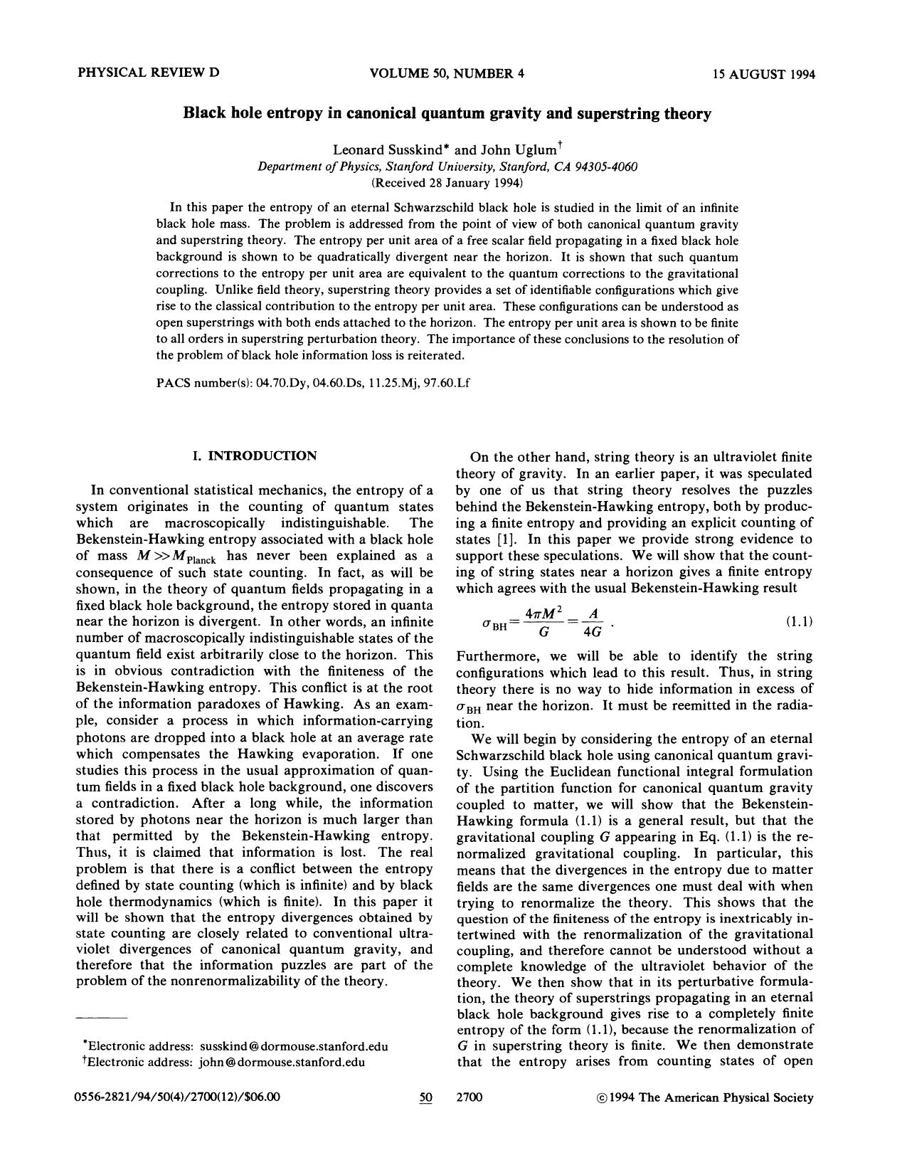 Black hole entropy in canonical quantum gravity and superstring theory (1994) by Unknown