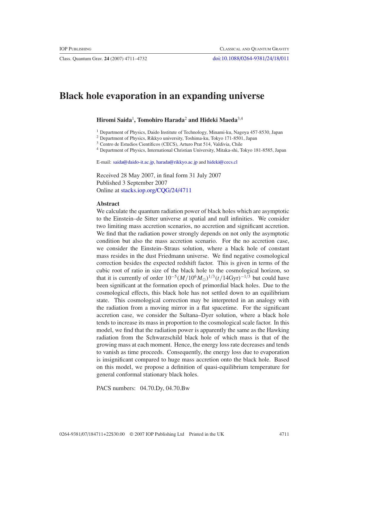 Black hole evaporation in an expanding universe by H Saida et al