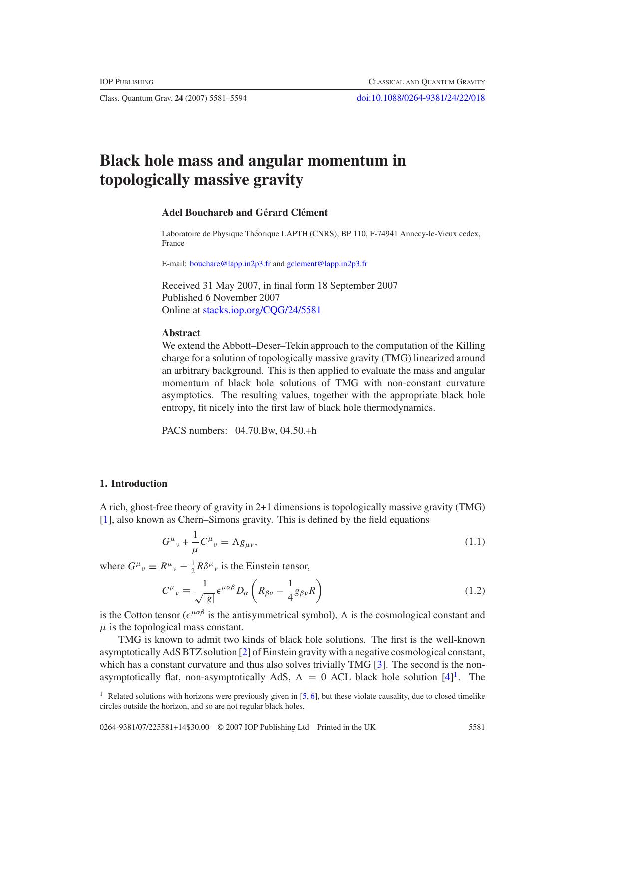 Black hole mass and angular momentum in topologically massive gravity by A Bouchareb and G Clement