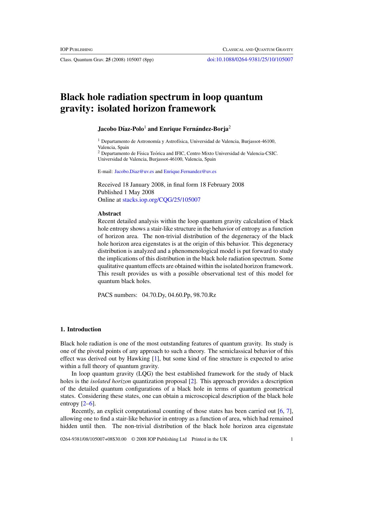 Black hole radiation spectrum in loop quantum gravity: isolated horizon framework by J Dí az-Polo and E Fernández-Borja