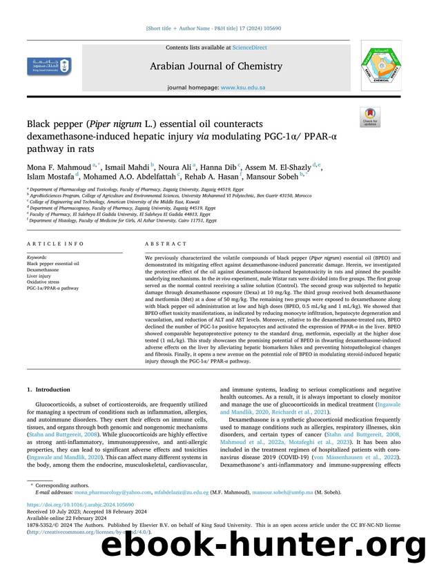 Black pepper ( Piper nigrum L.) essential oil counteracts dexamethasone-induced hepatic injury via modulating PGC-1Î± PPAR-Î± pathway in rats by Mona F. Mahmoud