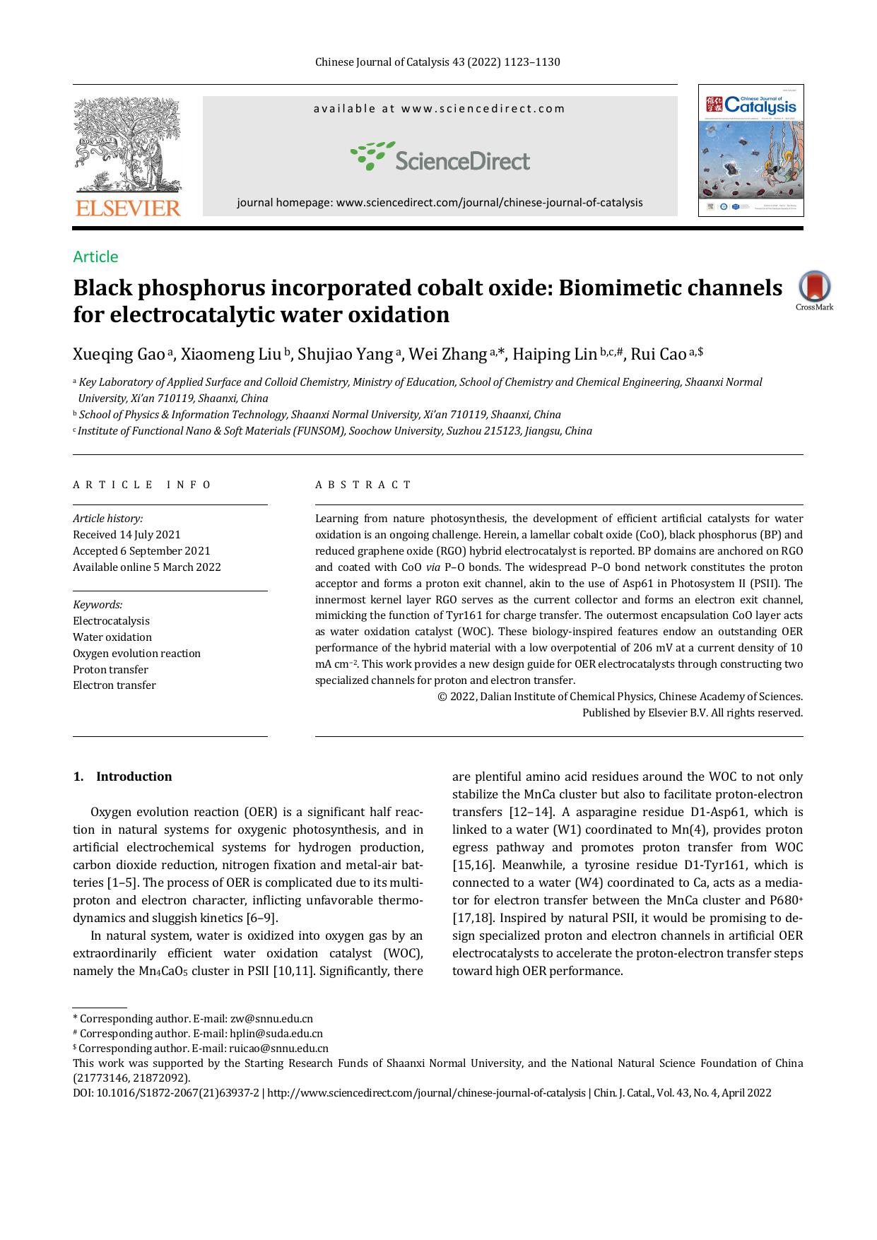 Black phosphorus incorporated cobalt oxide: Biomimetic channels for electrocatalytic water oxidation by Xueqing Gao & Xiaomeng Liu & Shujiao Yang & Wei Zhang & Haiping Lin & Rui Cao