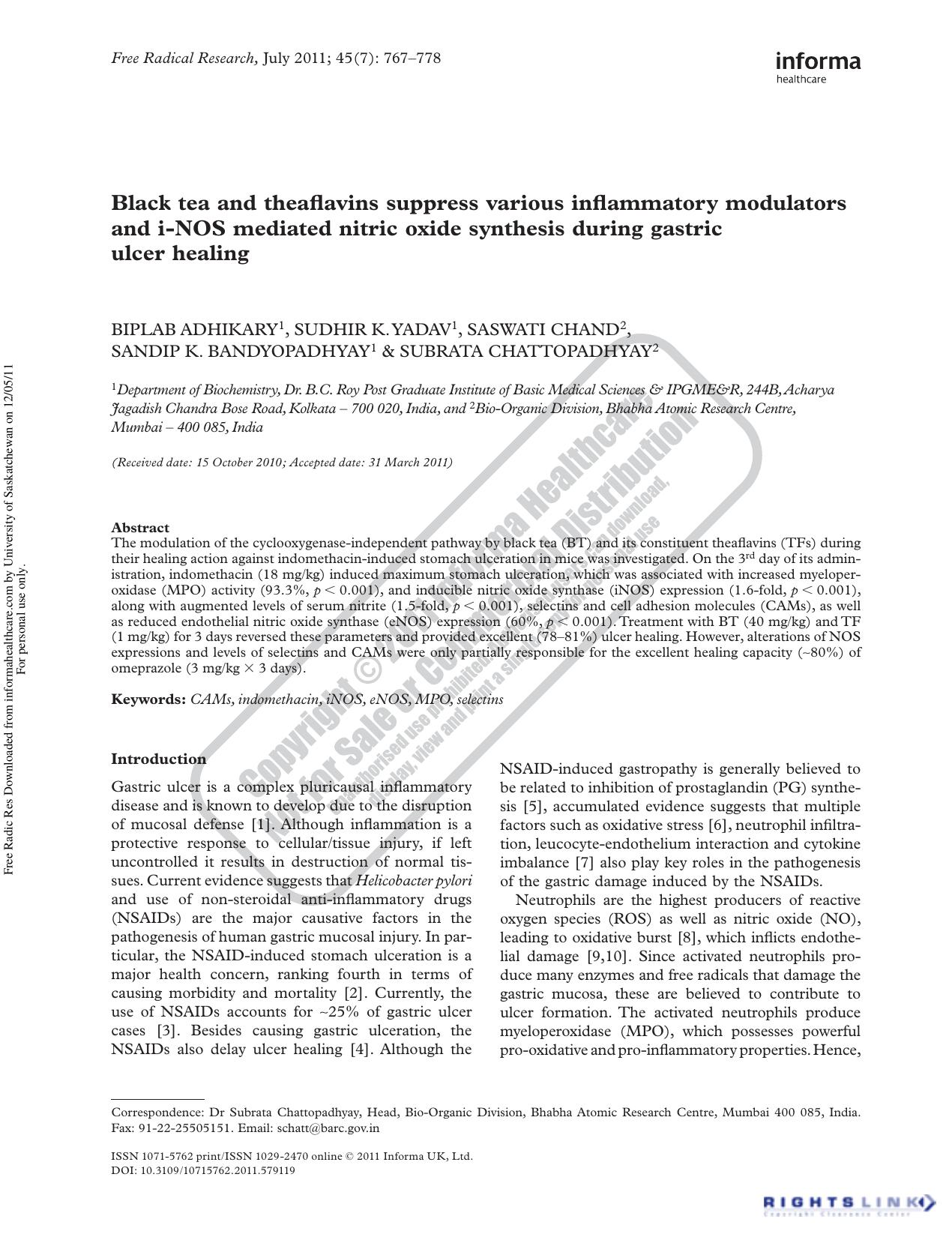 Black tea and theaflavins suppress various inflammatory modulators and i-NOS mediated nitric oxide synthesis during gastric ulcer healing by unknow