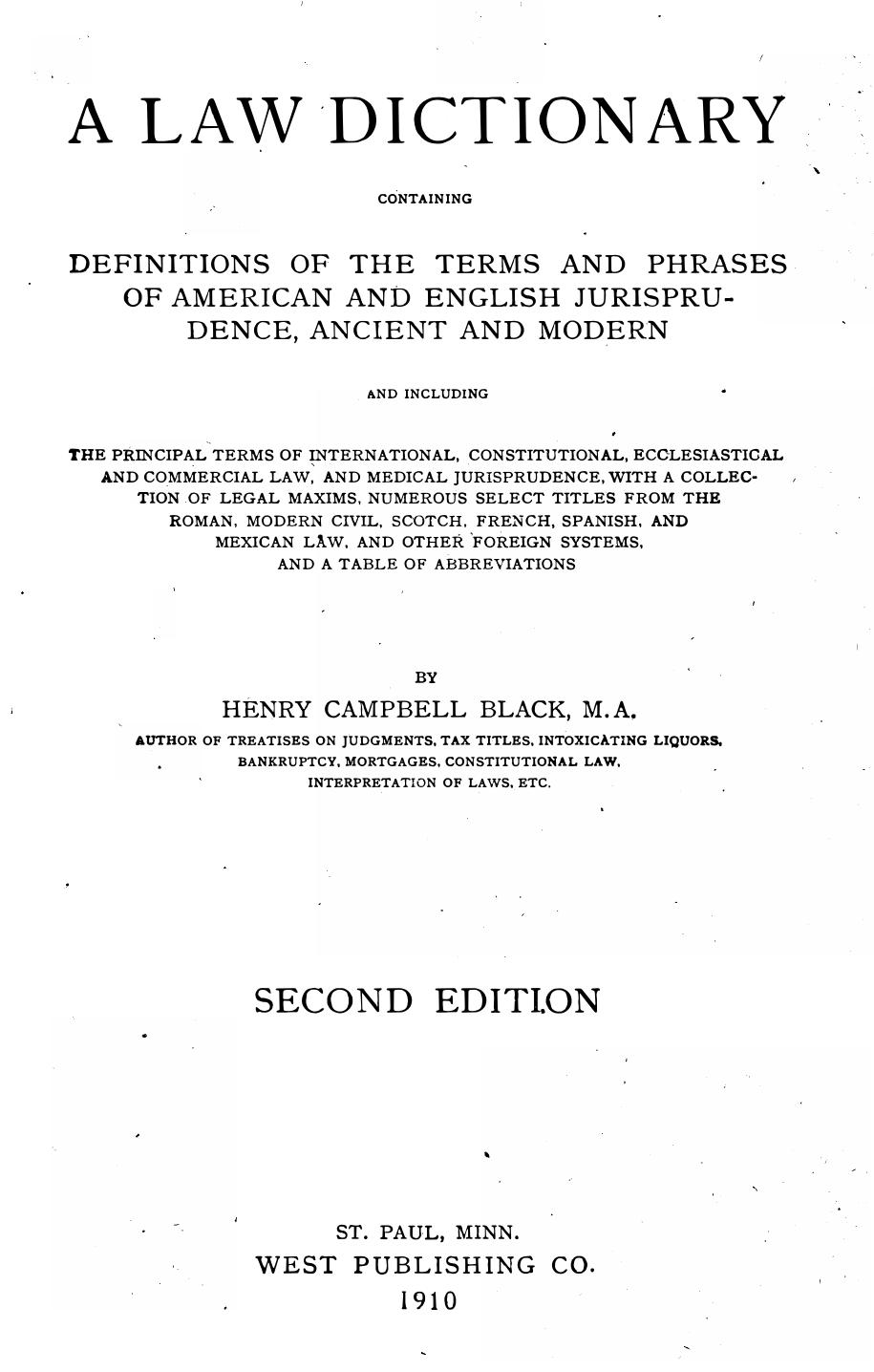 Black's Law Dictionary 2ed Edition by Henry Campbell Black