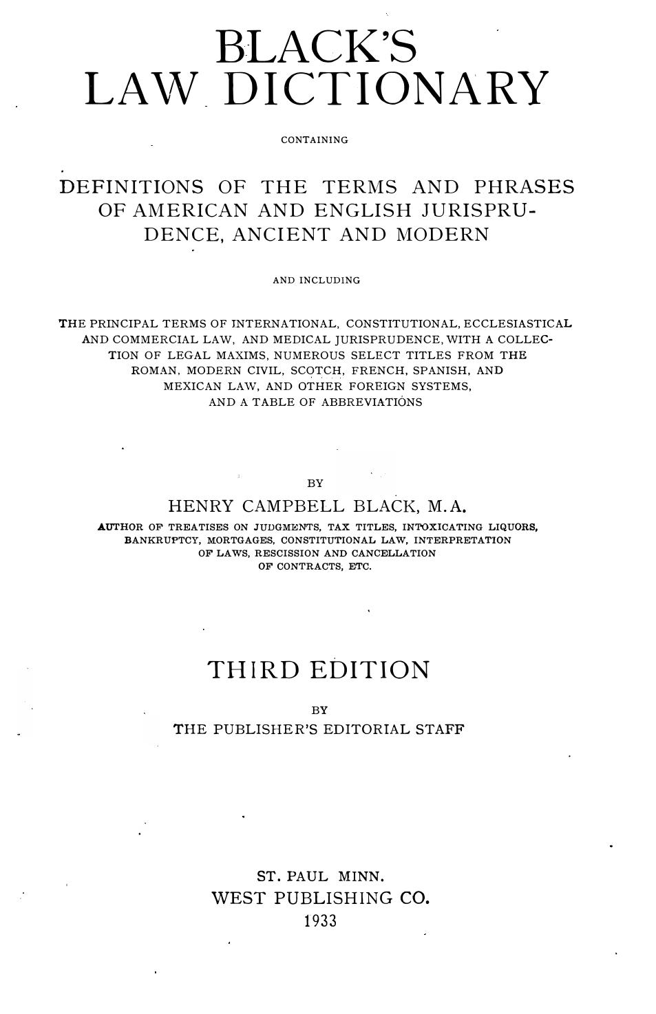 Black's Law Dictionary, 3rd Edition by Henry Campbell Black