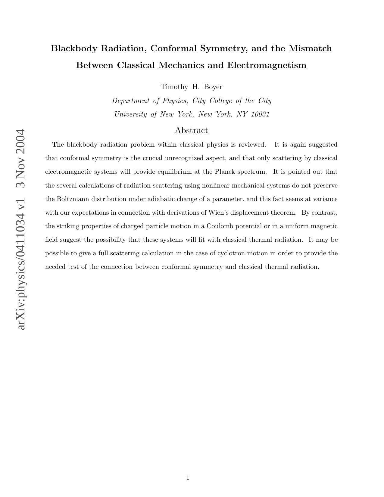 Blackbody Radiation, Conformal Symmetry, and the Mismatch Between Classical Mechanics and Electromagnetism by Unknown