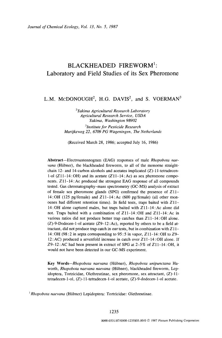 Blackheaded fireworm: Laboratory and field studies of its sex pheromone by Unknown