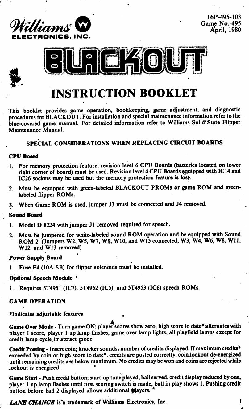 Blackout Operators Manual by Williams Electronics Inc