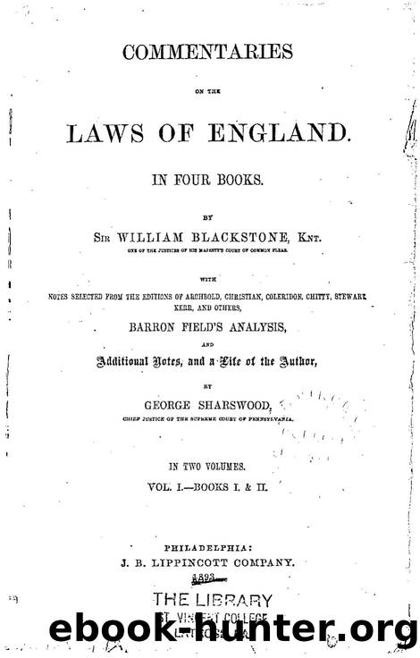 Blackstones Commentaries on the Laws of England Vol-1 by Unknown