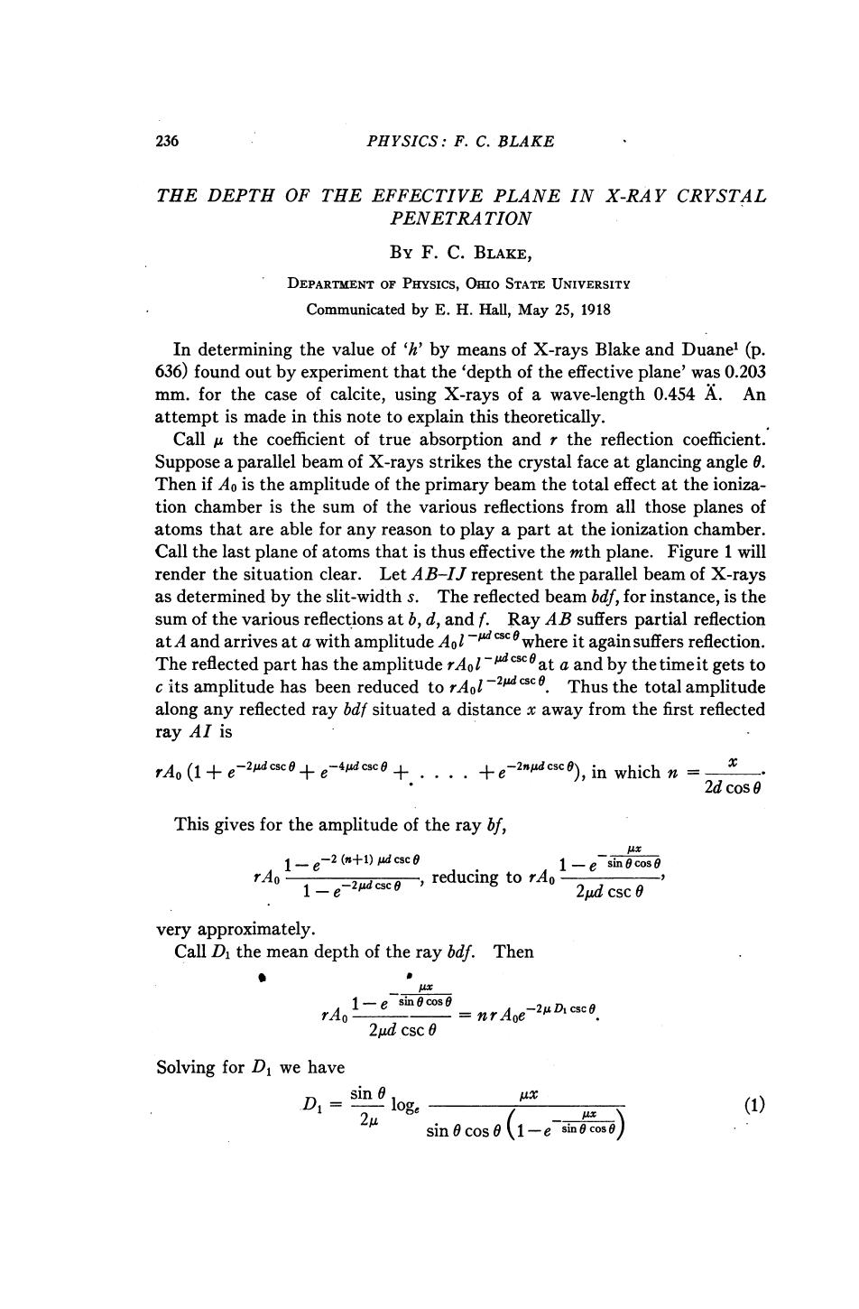 Blake F. C. by The Depth of the Effective Plane in X-Ray Crystal Penetration (s)