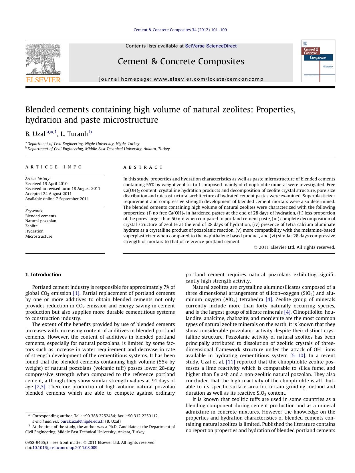 Blended cements containing high volume of natural zeolites: Properties, hydration and paste microstructure by B. Uzal & L. Turanlı