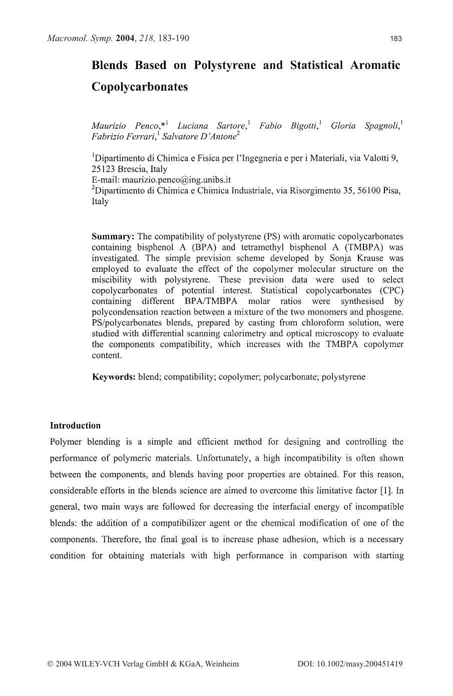 Blends Based on Polystyrene and Statistical Aromatic Copolycarbonates by Unknown