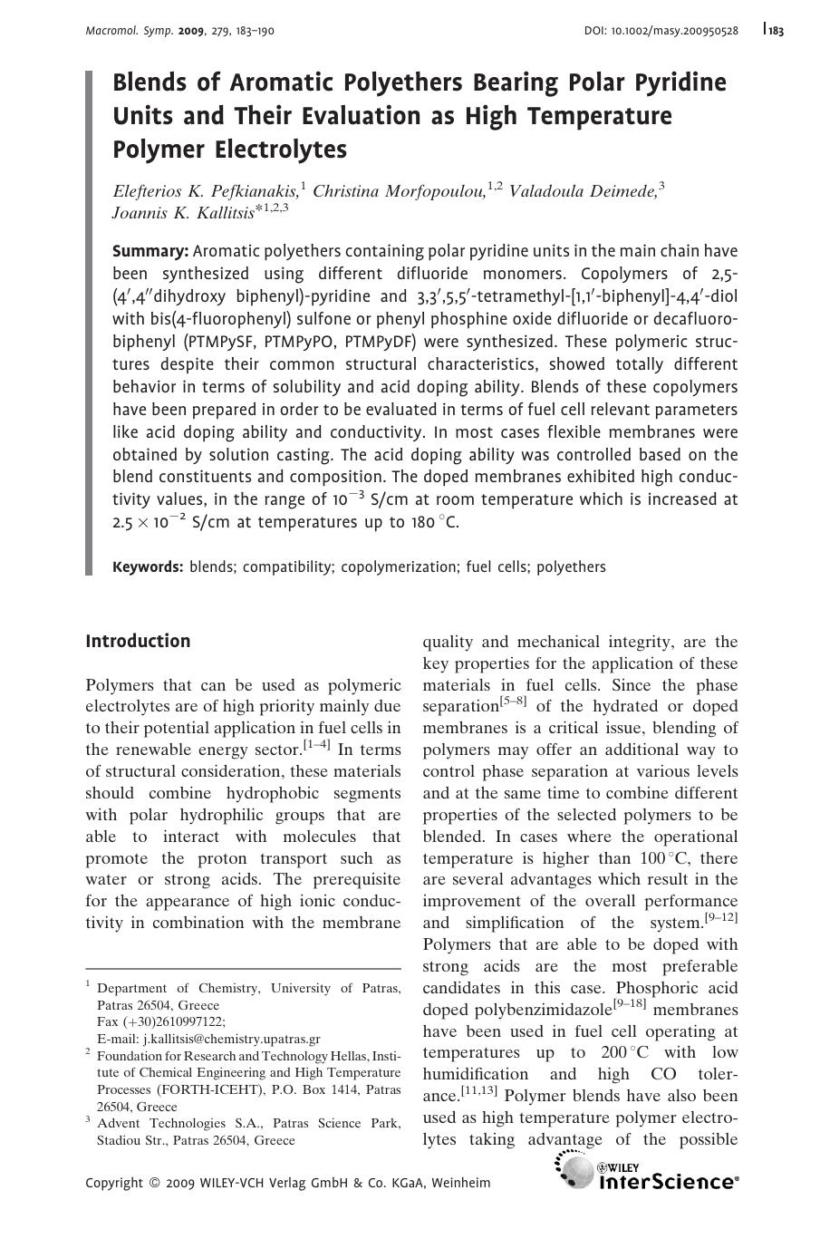Blends of Aromatic Polyethers Bearing Polar Pyridine Units and Their Evaluation as High Temperature Polymer Electrolytes by Unknown