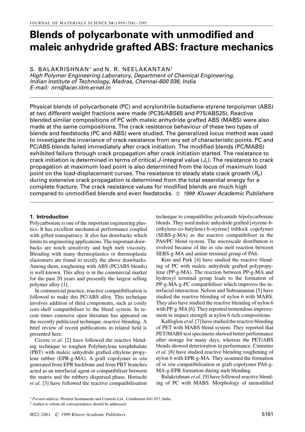 Blends of polycarbonate with unmodified and maleic anhydride grafted ABS: fracture mechanics by Unknown