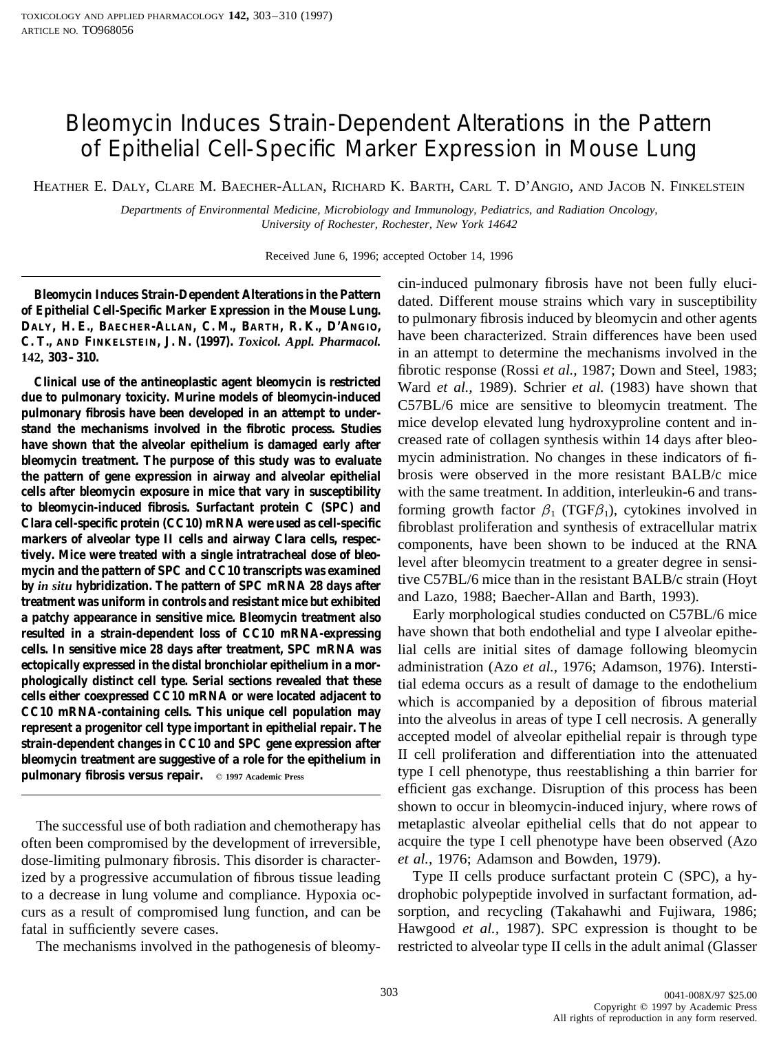 Bleomycin Induces Strain-Dependent Alterations in the Pattern of Epithelial Cell-Specific Marker Expression in Mouse Lung by Daly H. E. et al