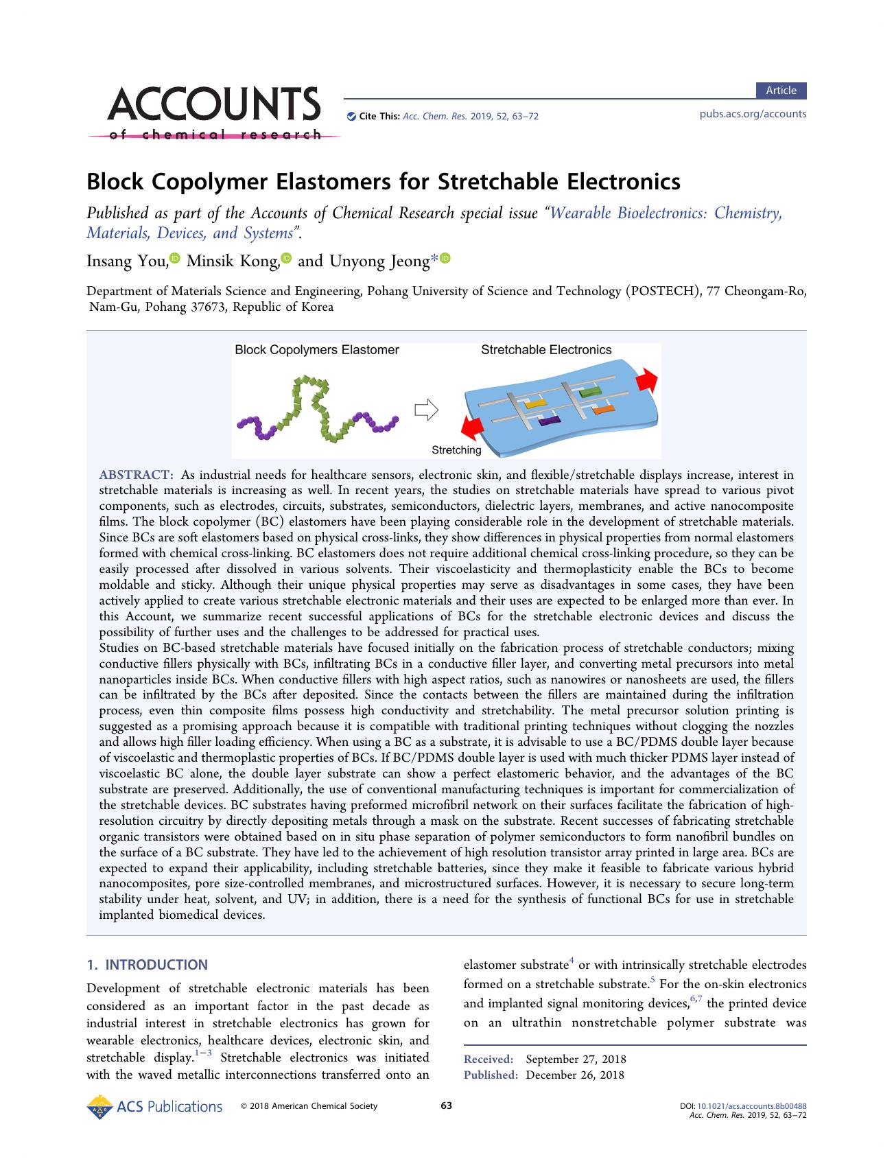 Block Copolymer Elastomers for Stretchable Electronics by Insang You; Minsik Kong; Unyong Jeong & Minsik Kong & Unyong Jeong