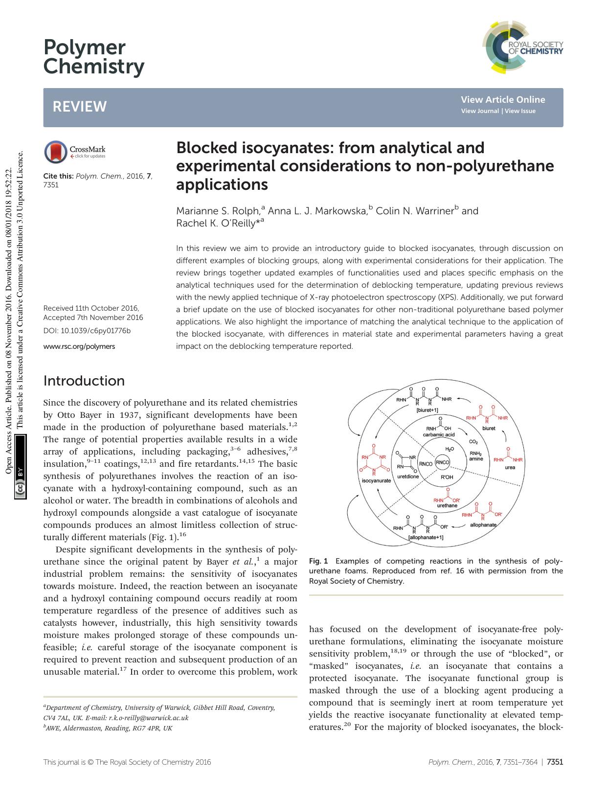 Blocked isocyanates: from analytical and experimental considerations to non-polyurethane applications by Marianne S. Rolph Anna L. J. Markowska Colin N. Warriner Rachel K. O'Reilly