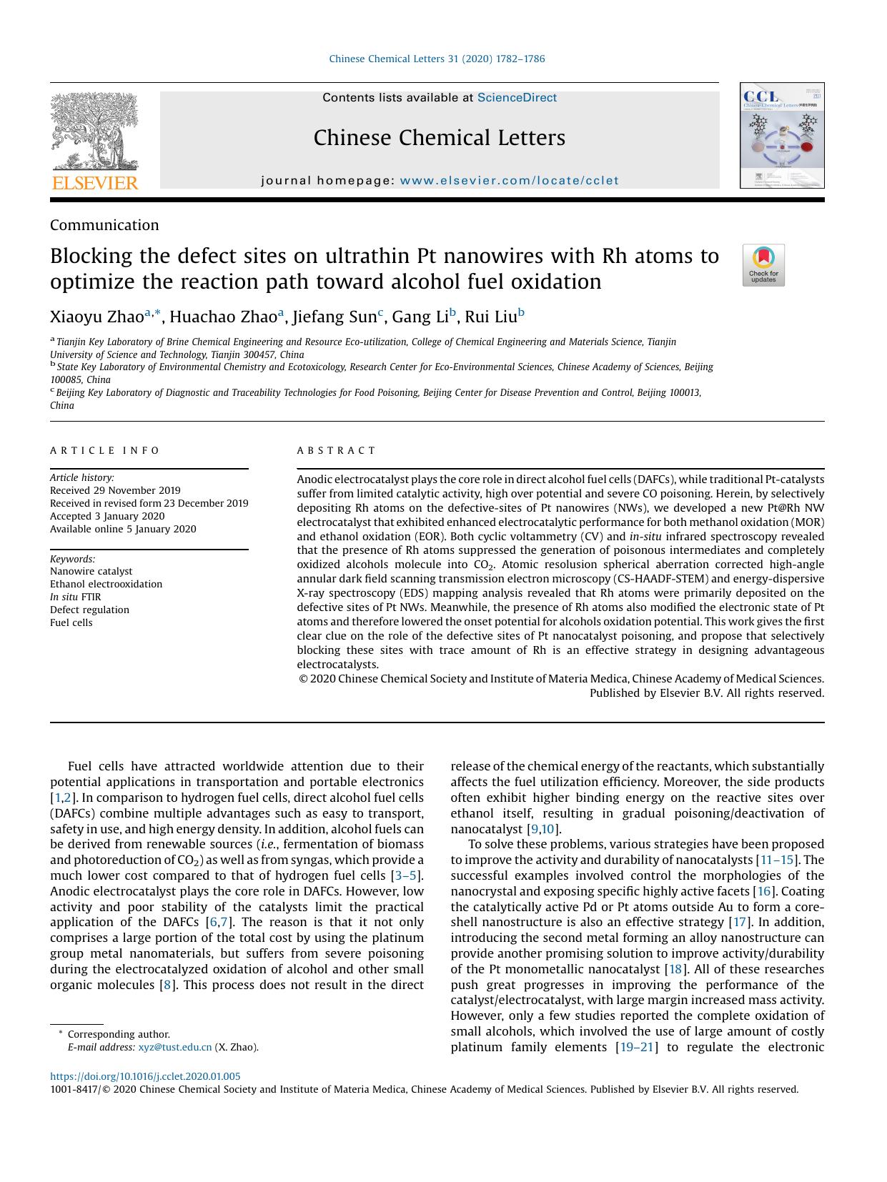 Blocking the defect sites on ultrathin Pt nanowires with Rh atoms to optimize the reaction path toward alcohol fuel oxidation by Xiaoyu Zhao & Huachao Zhao & Jiefang Sun & Gang Li & Rui Liu