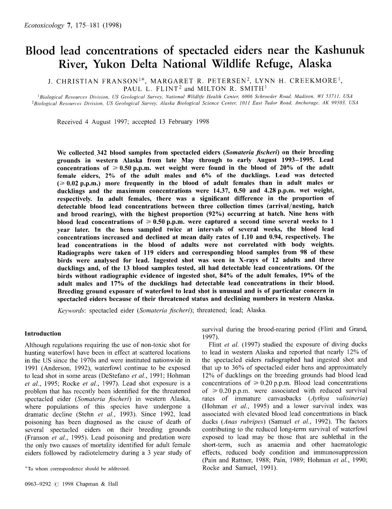 Blood Lead Concentrations of Spectacled Eiders Near the Kashunuk River, Yukon Delta National Wildlife Refuge, Alaska by Unknown