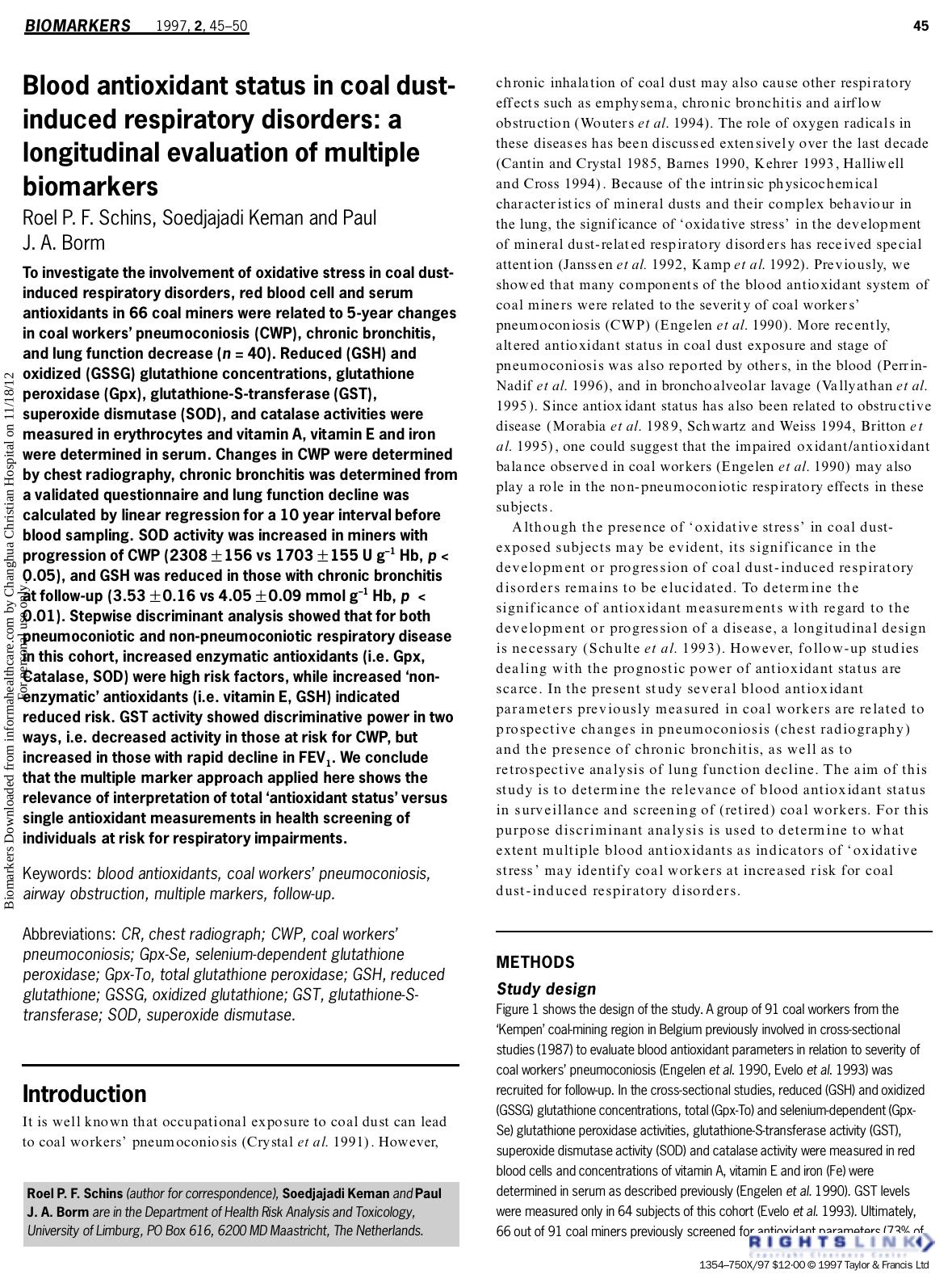 Blood antioxidant status in coal dust induced respiratory disorders: a longitudinal evaluation of multiple biomarkers by Roel P.F. Schins Soedjajadi Keman & Paul J. A. Borm