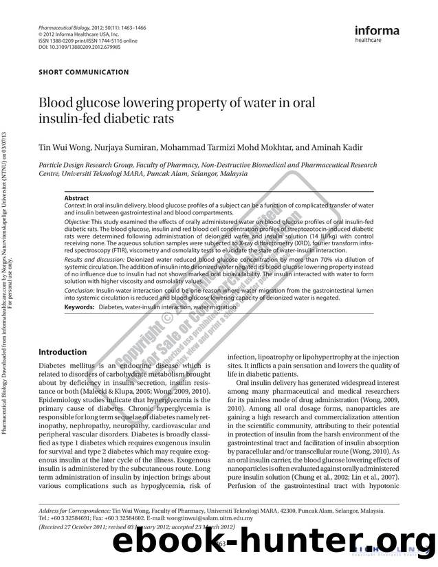 Blood glucose lowering property of water in oral insulin-fed diabetic rats by Tin Wui Wong Nurjaya Sumiran Mohammad Tarmizi Mohd Mokhtar & Aminah Kadir