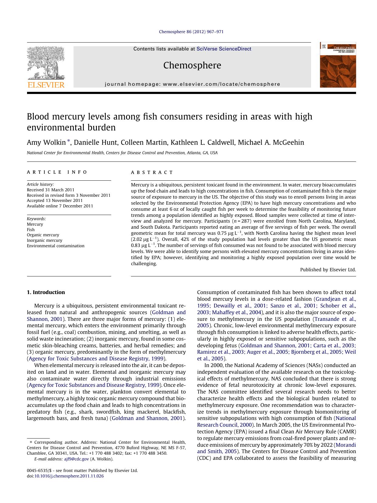 Blood mercury levels among fish consumers residing in areas with high environmental burden by Amy Wolkin & Danielle Hunt & Colleen Martin & Kathleen L. Caldwell & Michael A. McGeehin