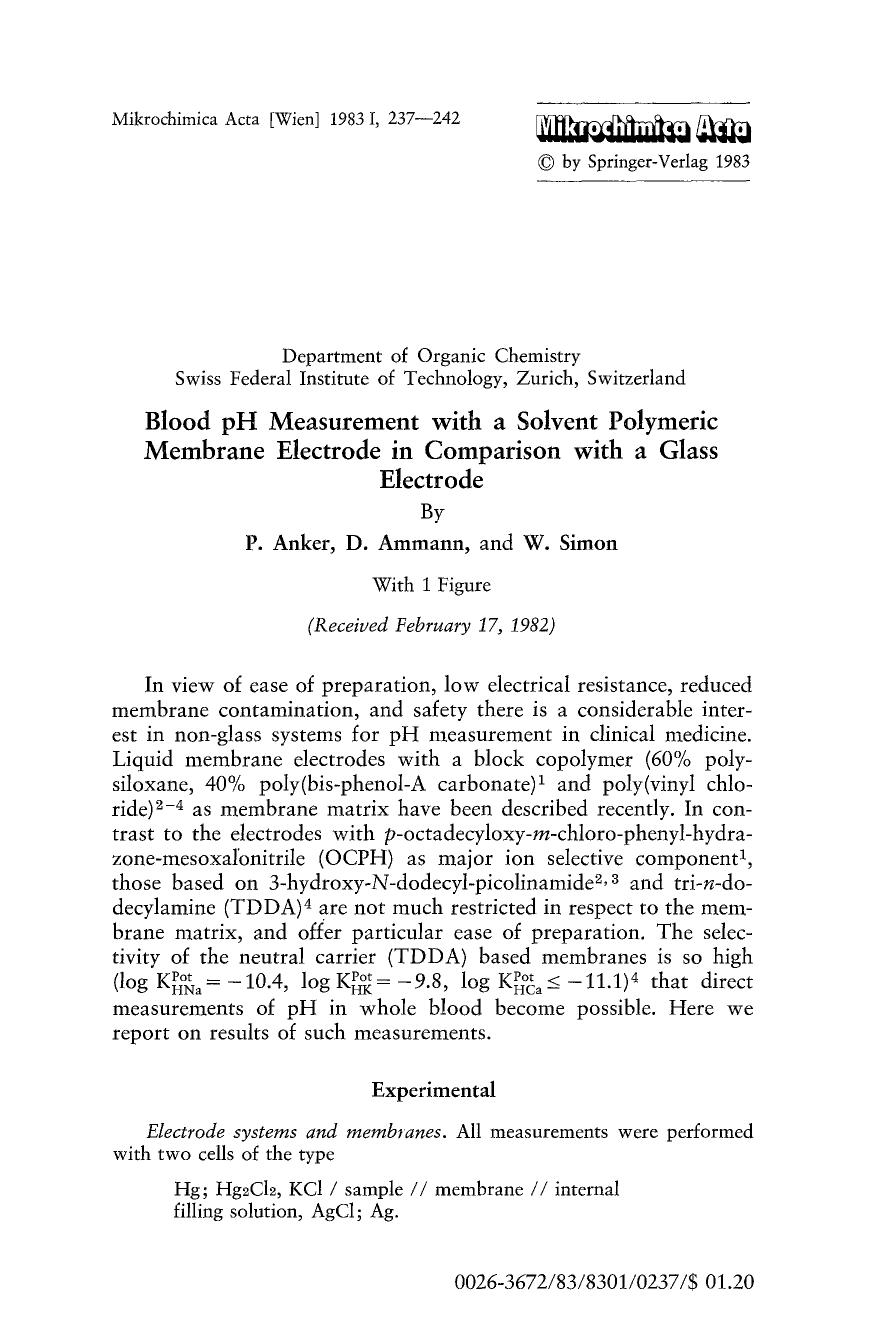 Blood pH Measurement with a Solvent Polymeric Membrane Electrode in Comparison with a Glass Electrode by Unknown