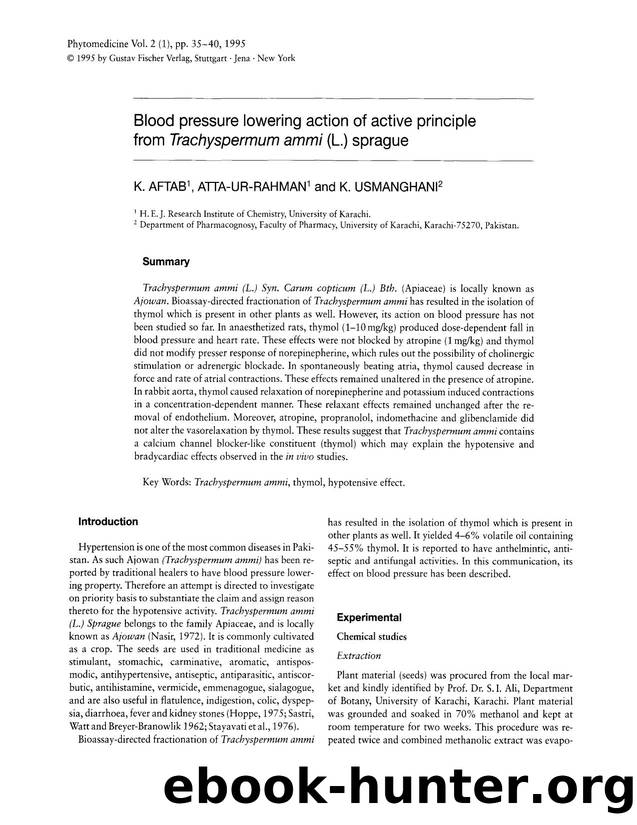 Blood pressure lowering action of active principle from Trachyspermum ammi (L.) sprague by K. Aftab & Atta-Ur-Rahman & K. Usmanghani