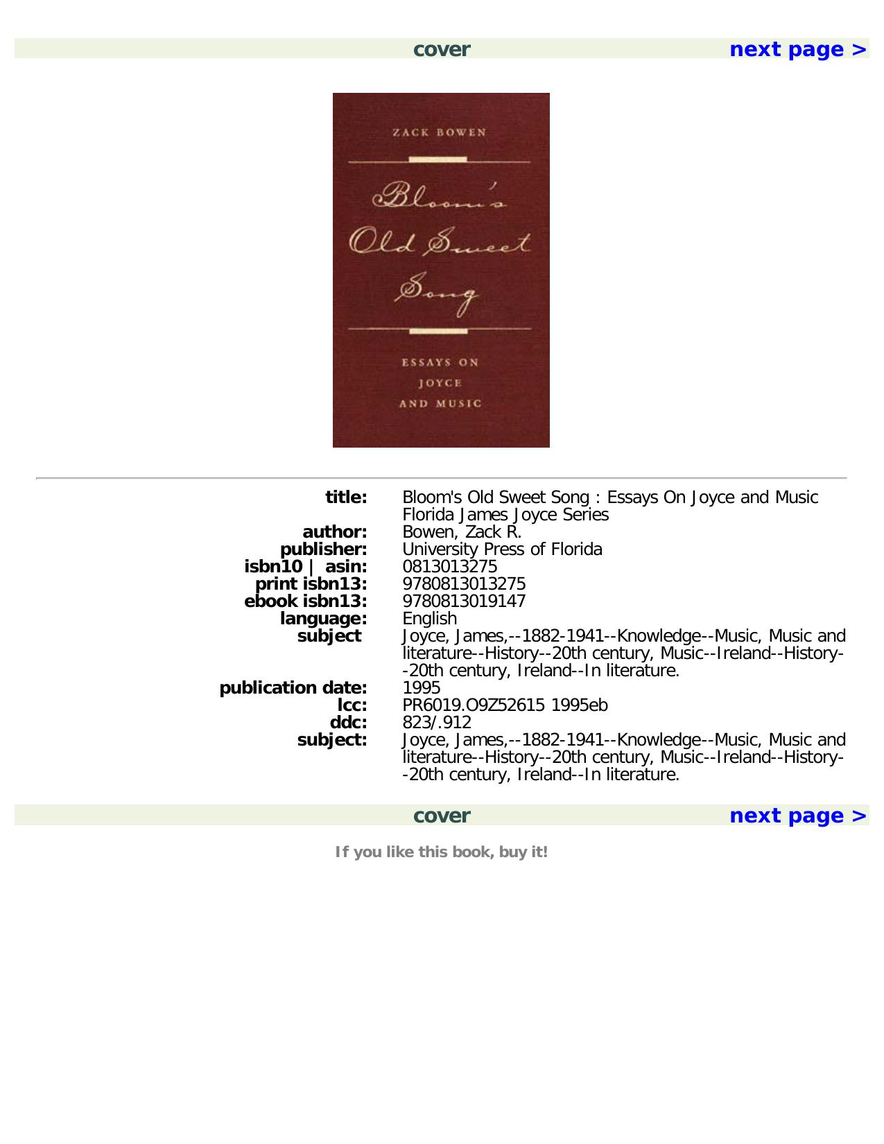 Bloom's Old Sweet Song: Essays on Joyce and Music (Florida James Joyce) by ZACK BOWEN