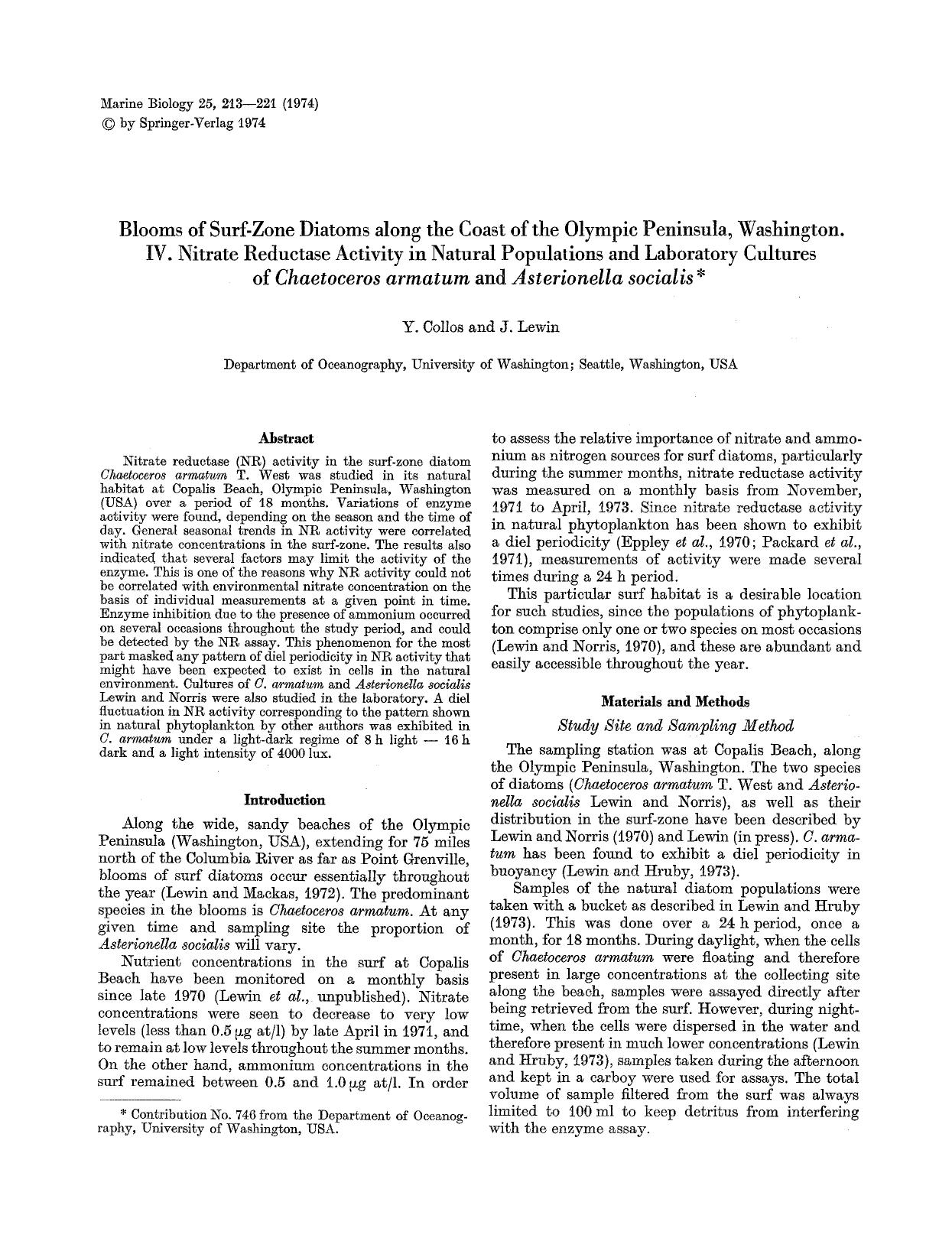 Blooms of surf-zone diatoms along the coast of the Olympic Peninsula, Washington. IV. Nitrate reductase activity in natural populations and laboratory cultures of <Emphasis Type="I by Unknown