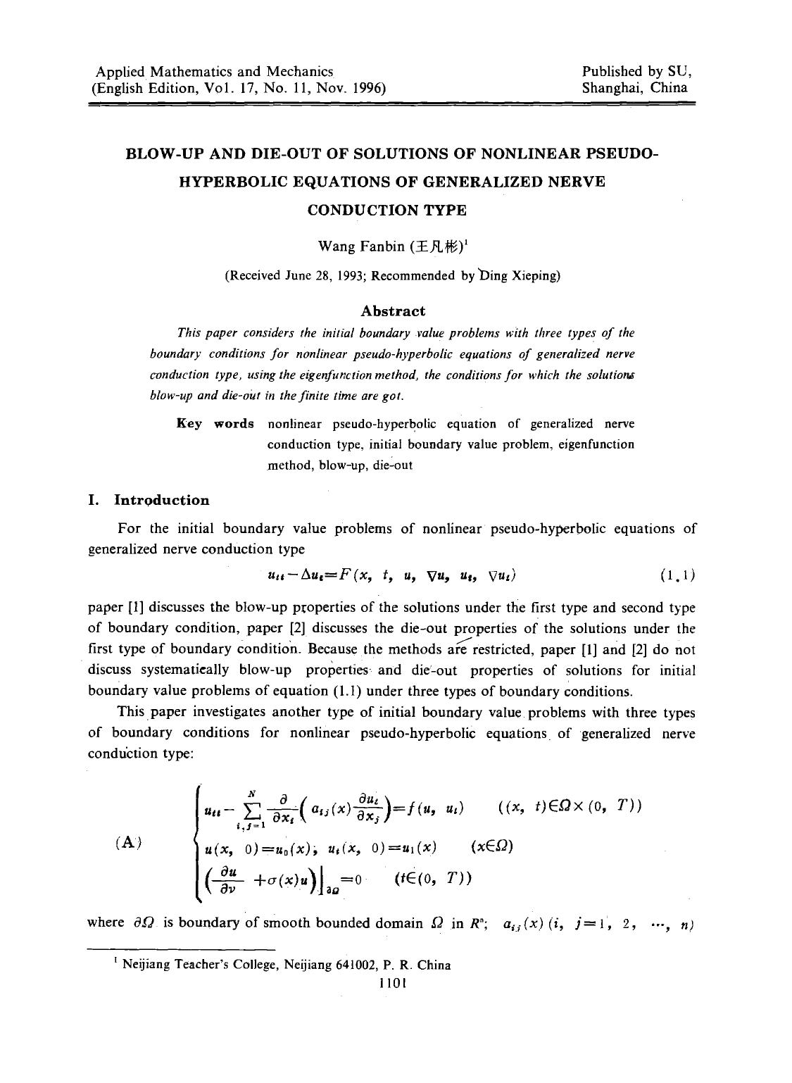 Blow-up and die-out of solutions of nonlinear pseudo-hyperbolic equations of generalized nerve conduction type by Unknown