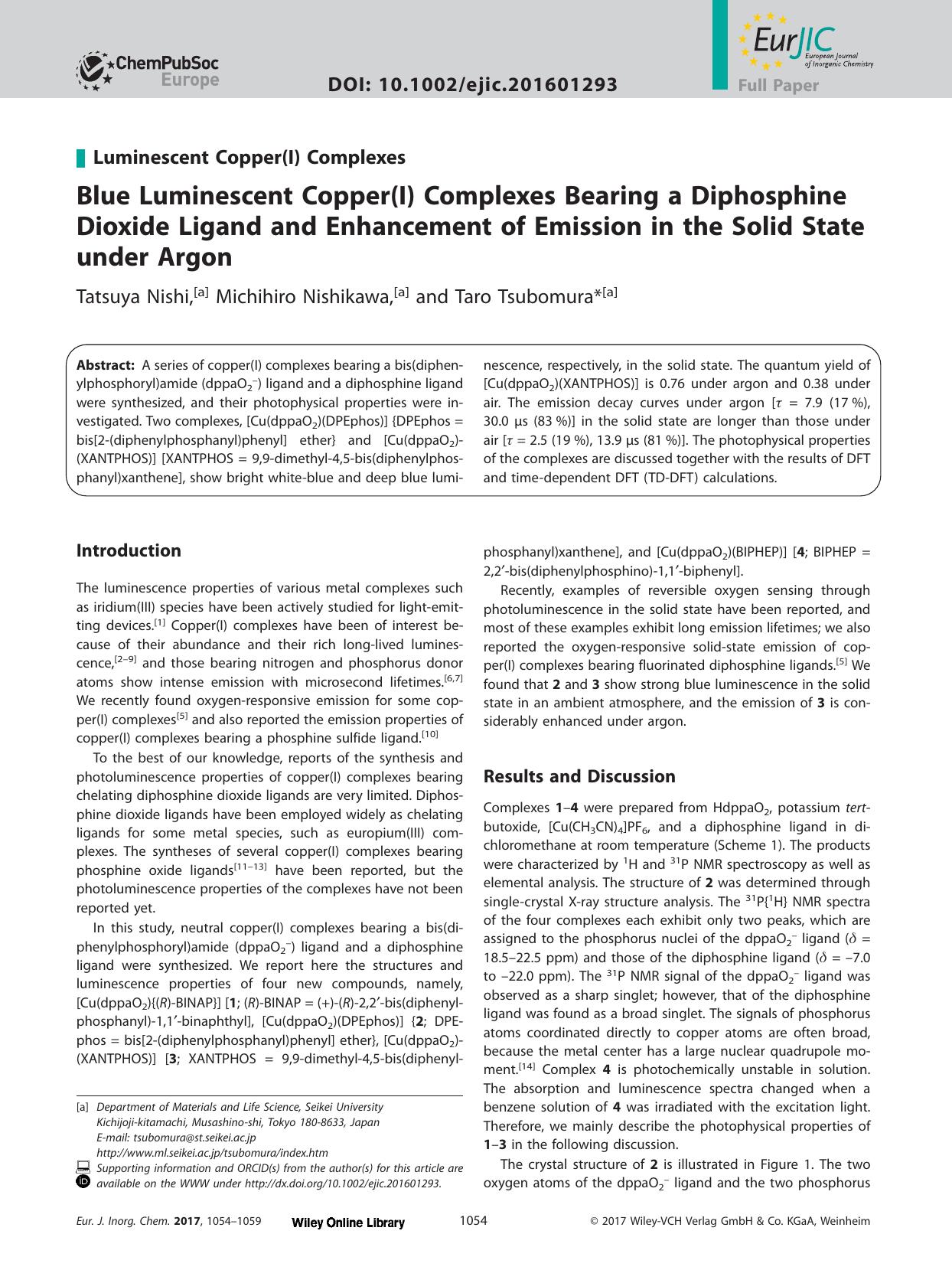 Blue Luminescent Copper(I) Complexes Bearing a Diphosphine Dioxide Ligand and Enhancement of Emission in the Solid State under Argon by Unknown