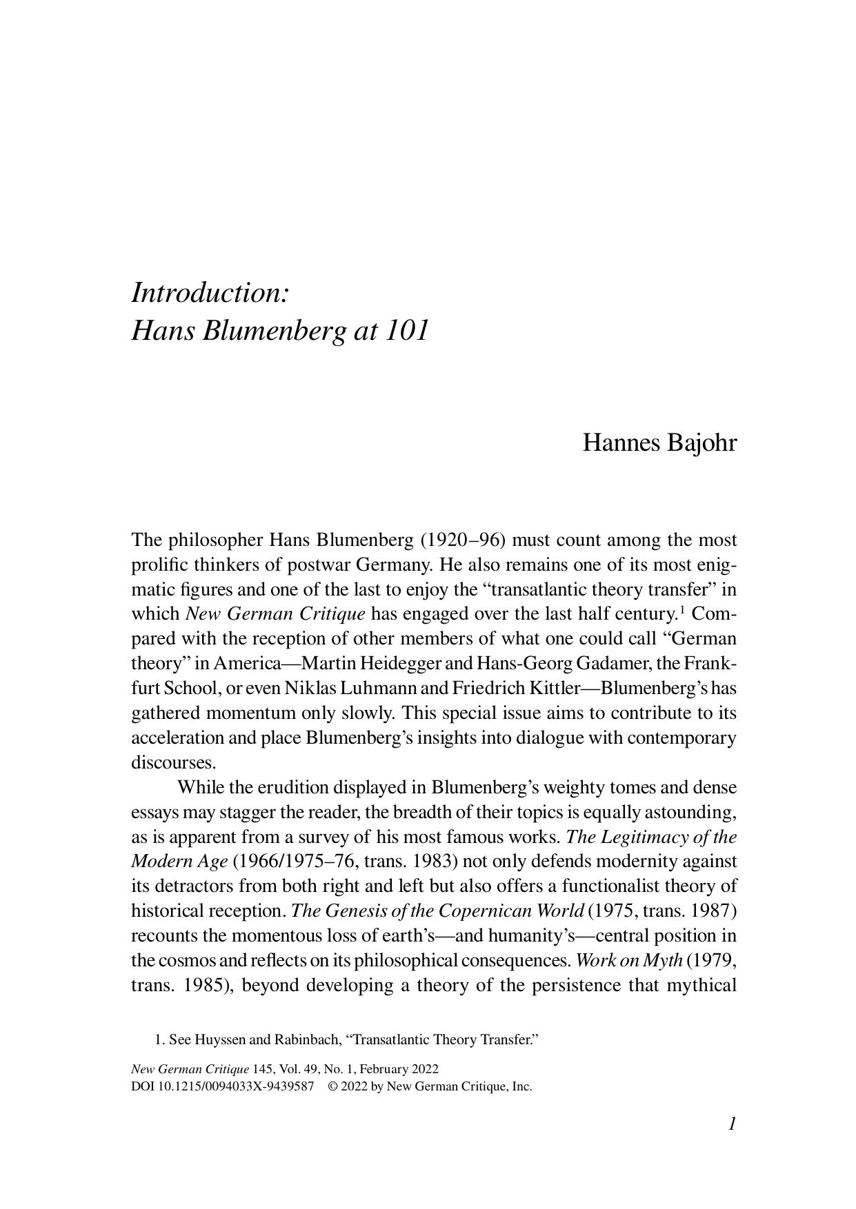 Blumenberg at 101 by Hannes Bajohr