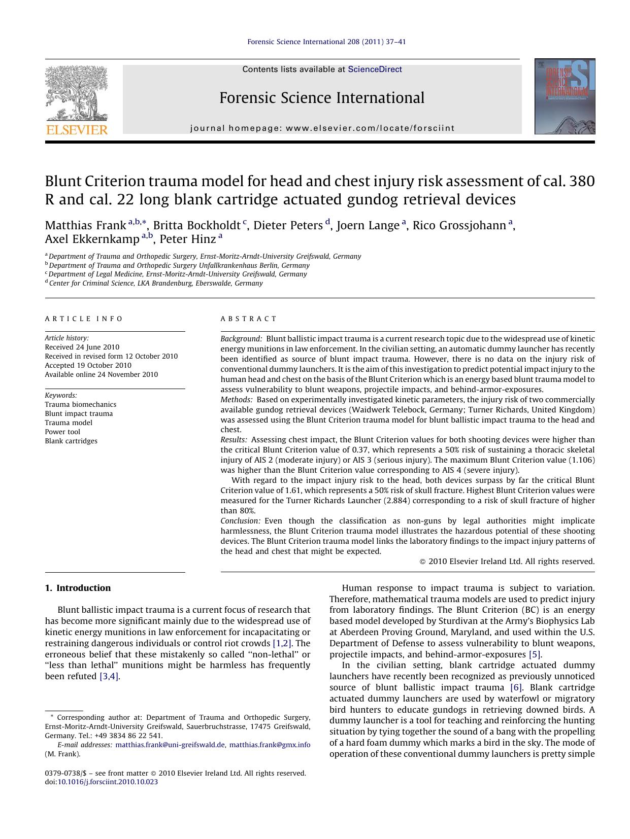 Blunt Criterion trauma model for head and chest injury risk assessment of cal. 380 R and cal. 22 long blank cartridge actuated gundog retrieval devices by Matthias Frank
