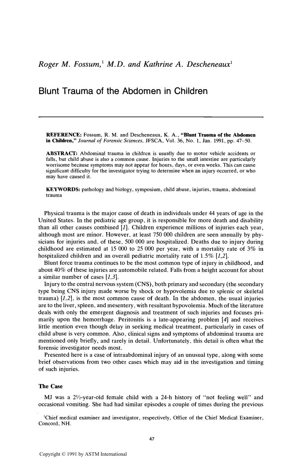 Blunt Trauma of the Abdomen in Children by Fossum RM Descheneaux KA